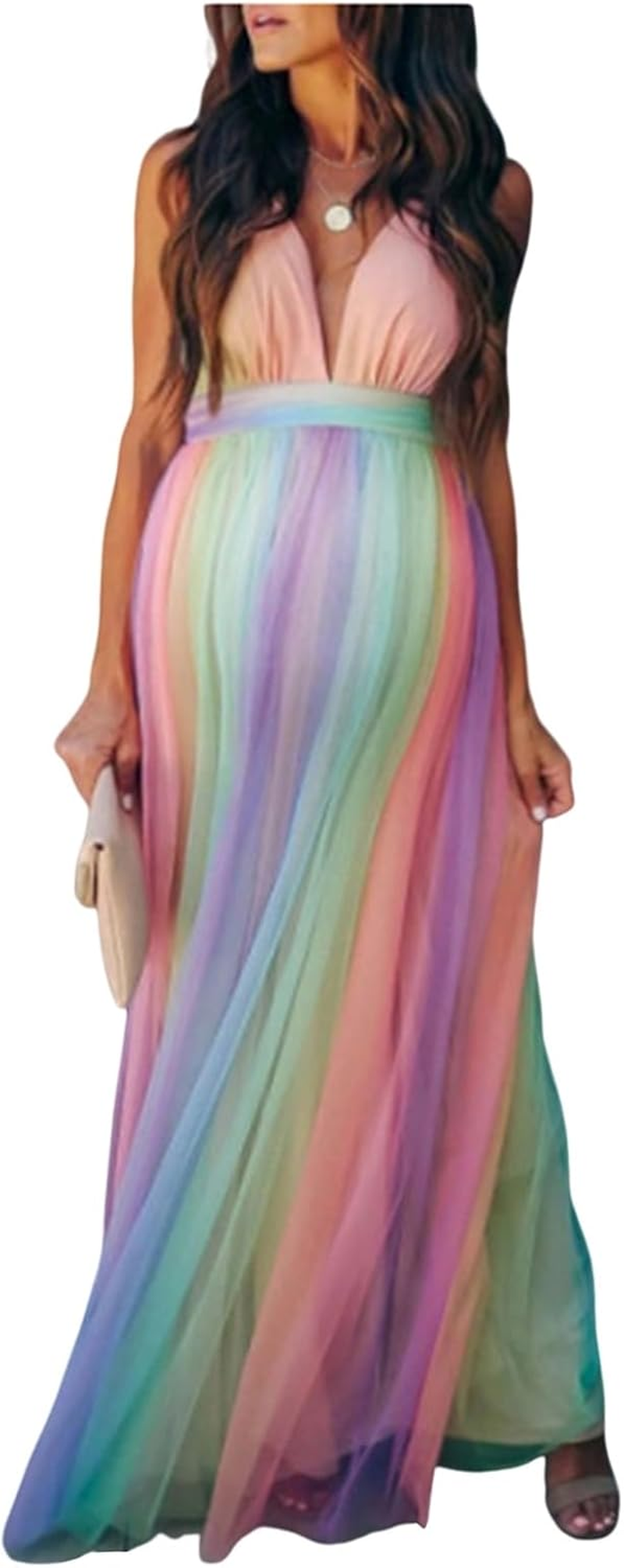 Uneedvog Maternity Photography Dress Splicing Mesh Suspender Pregnancy Clothes Ruffled V Neck Long image number 3