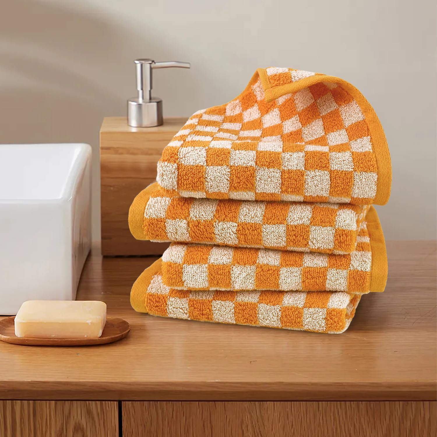 Jacquotha Soft Hand Towels 4 Pack, Orange Checkered Face Towel Set for Bathroom Kitchen, Fall Decorative Towel 13X29 Inches - Green image number 2