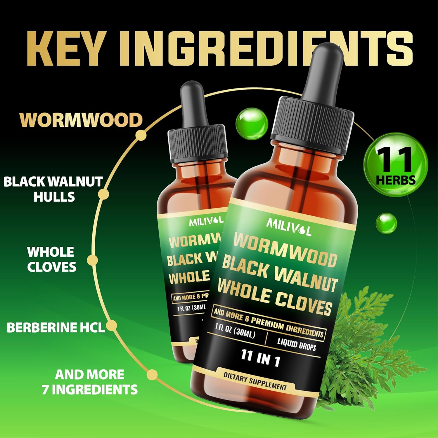 MILIVOL [ 2 Packs of 1Fl Oz ] - Wormwood Liquid Drops - Wormwood Extract Tincture with Black Walnut, Whole Cloves & 8 More Herbs - 60 Days Supply image number 1