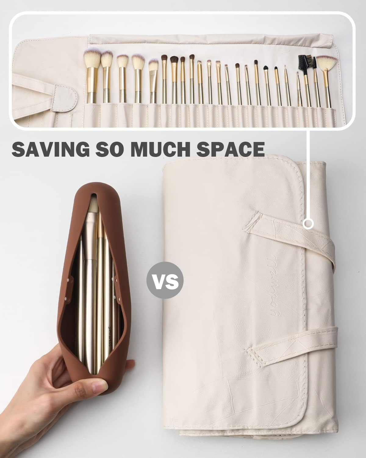 BEZOX Silicone Makeup Brush Holder with Magnet Closure - Trendy Rubber Make up Brushes Case &ndash; Portable Cosmetic Brush Pouch for Travel - Brown