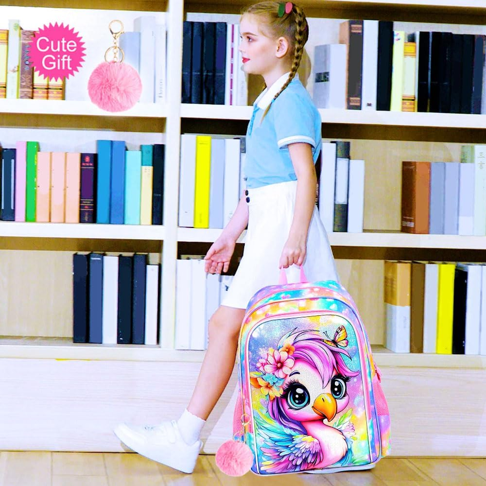 ZLYERT 3Pcs Flamingos Backpack for Girls, 16" Kids School Backpacks with Lunch Box, Bookbag for Elementary Preschool Kindergarten (Pink) image number 5