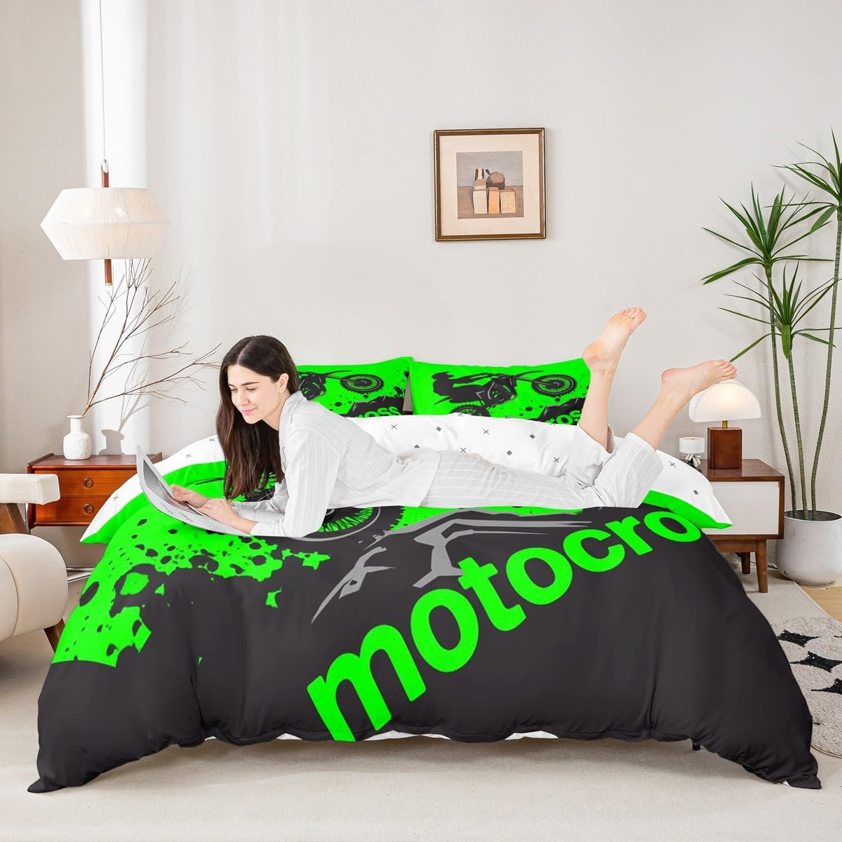 Dirt Bike Bedding Set Full Size Extreme Sports Comforter Cover Set for Boys Teens Racing Motocross Rider Duvet Cover Breathable Motorcycle Bedspread Cover Room Decor Green Black Quilt Cover