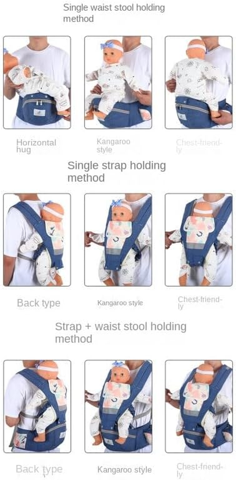 Baby Carrier with Hip Seat,4 Season/All Seasons,Ergonomic, Convertible, Adjustable Baby Holder Carrier 3-In-1 Ergonomic Infant Carrier Soft Baby Holder 3 to 36 Months (Blue) image number 2