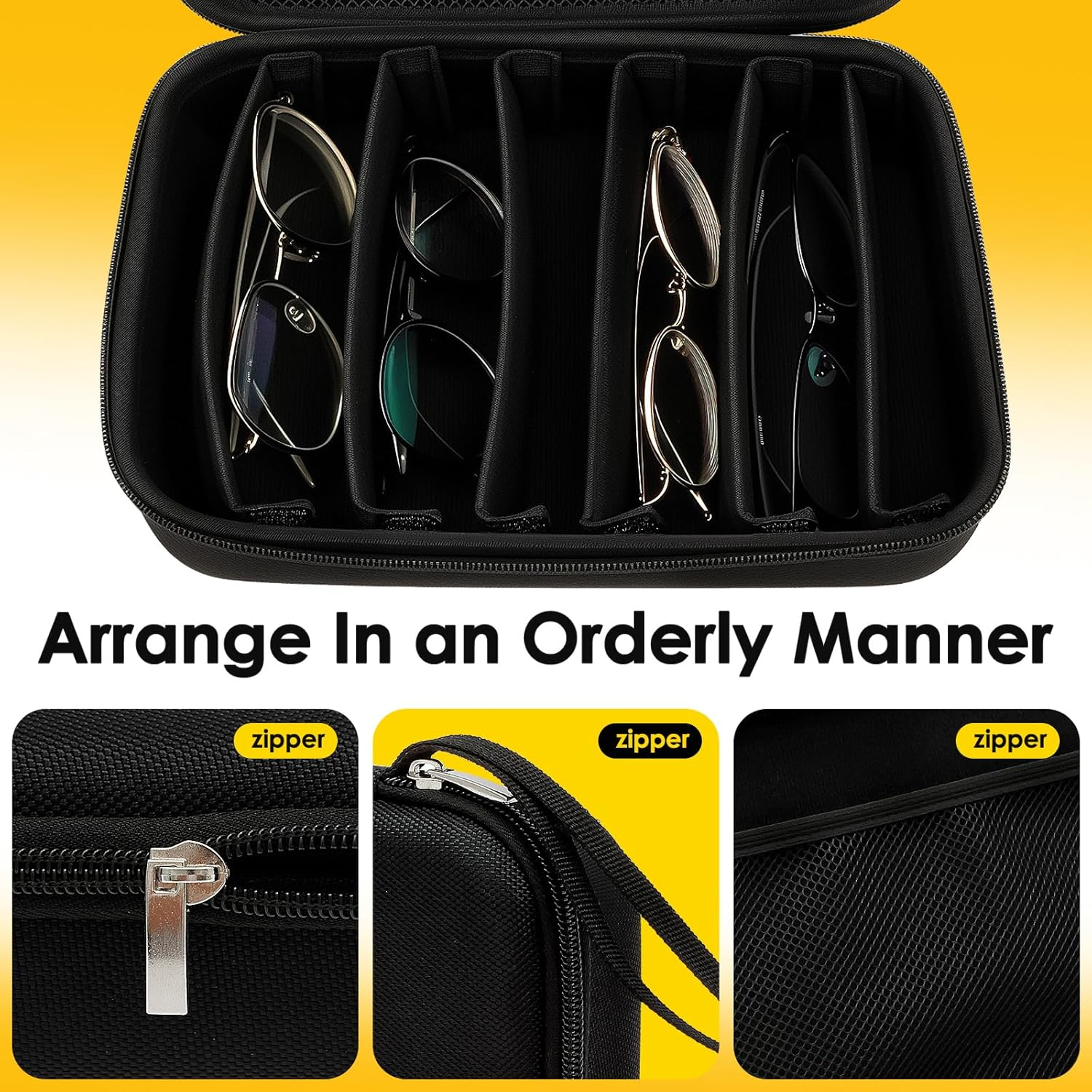 Awobepl Travel Sunglasses Organizer Case, Adjustable Slot Hard Shell Eyeglasses Storage Box with Zipper for Men Women Multiple Pairs