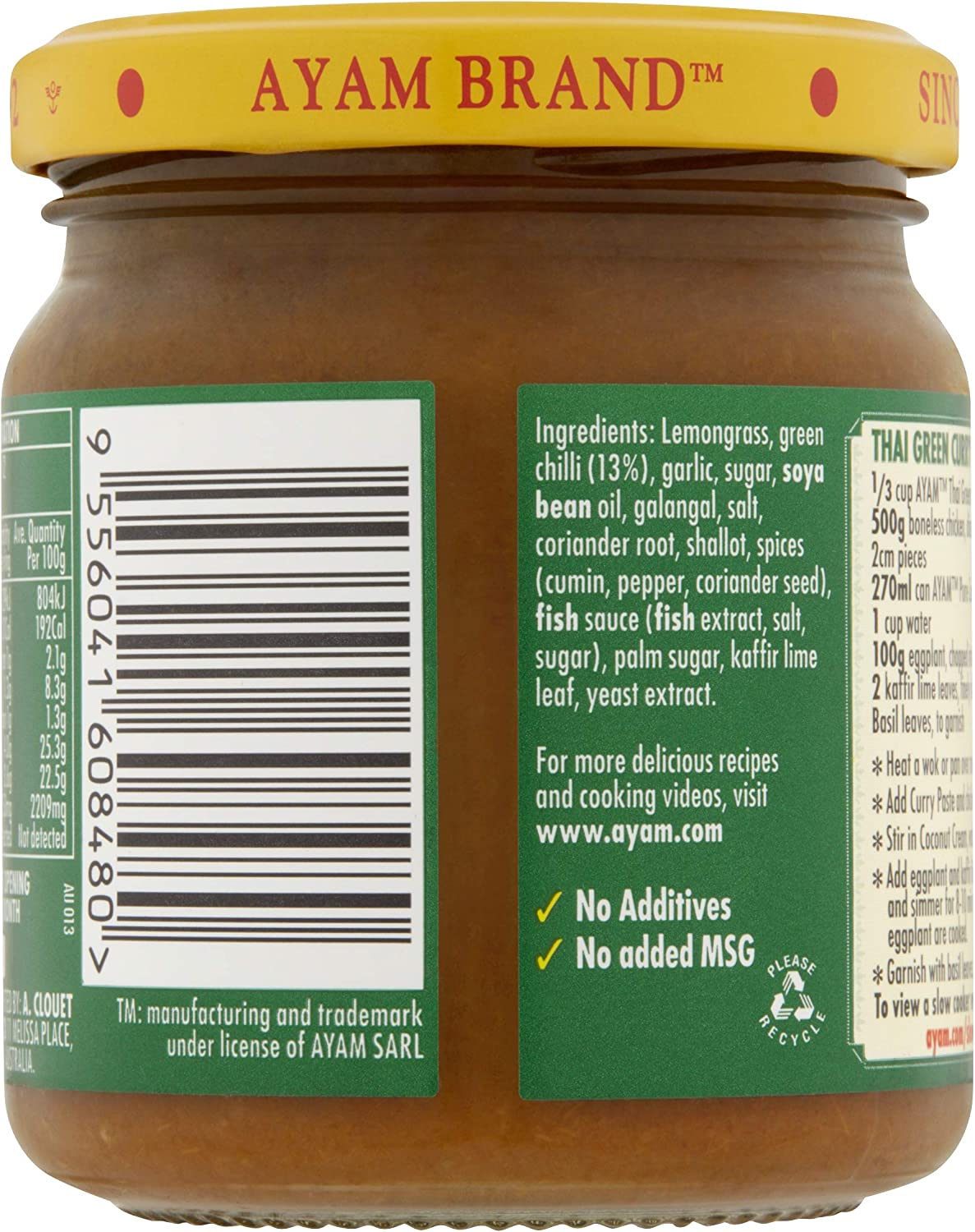 AYAM Green Curry Paste | Sweet & Spicy | Gluten, Dairy, Nut, Egg Free | Great Taste | No Additives & No Added MSG - 6 X 195G