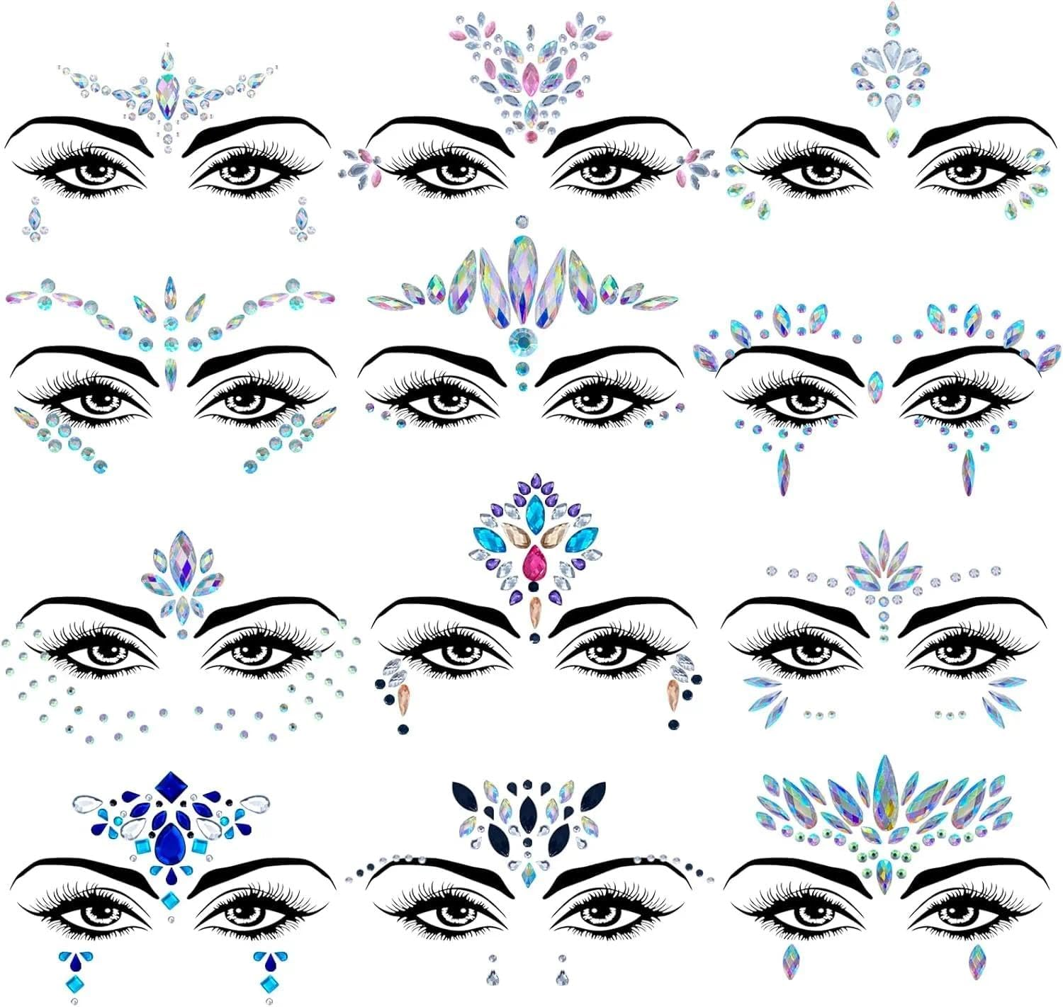 Mermaid Face Gems Kit - 12 Sets of Rhinestone Jewels, Temporary Tattoos, Festival & Rave Crystal Stickers for Women, for Party, Carnival, and Special Occasions by Geiwogwc image number 3