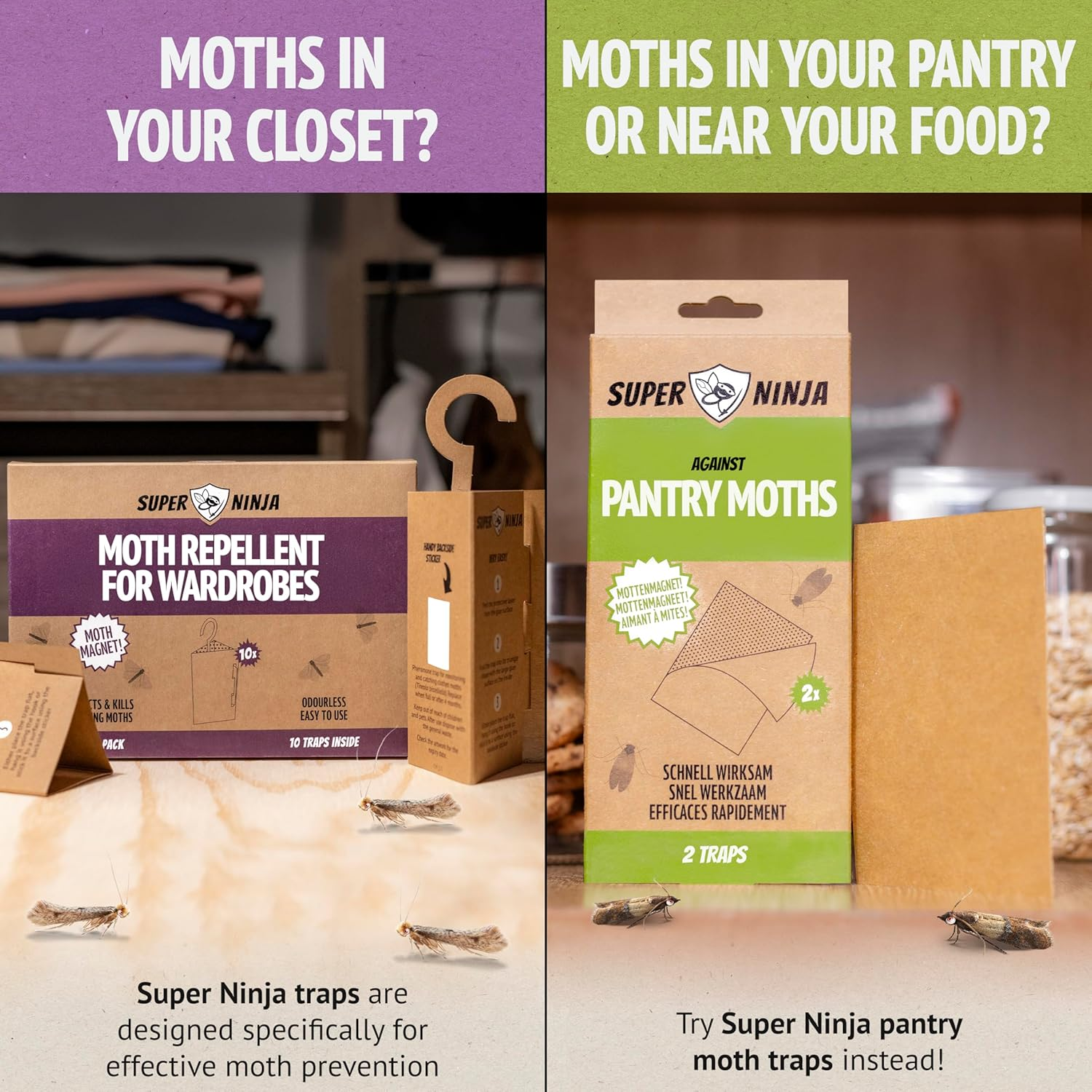 Super Ninja Clothes Moth Traps - 2 Pack, Non-Toxic Moth Repellent for Wardrobe, Highly Effective Pheromone-Infused Attractant, Ideal for Protecting Clothes, Carpets & Drawers, Last up to 3 Months image number 6