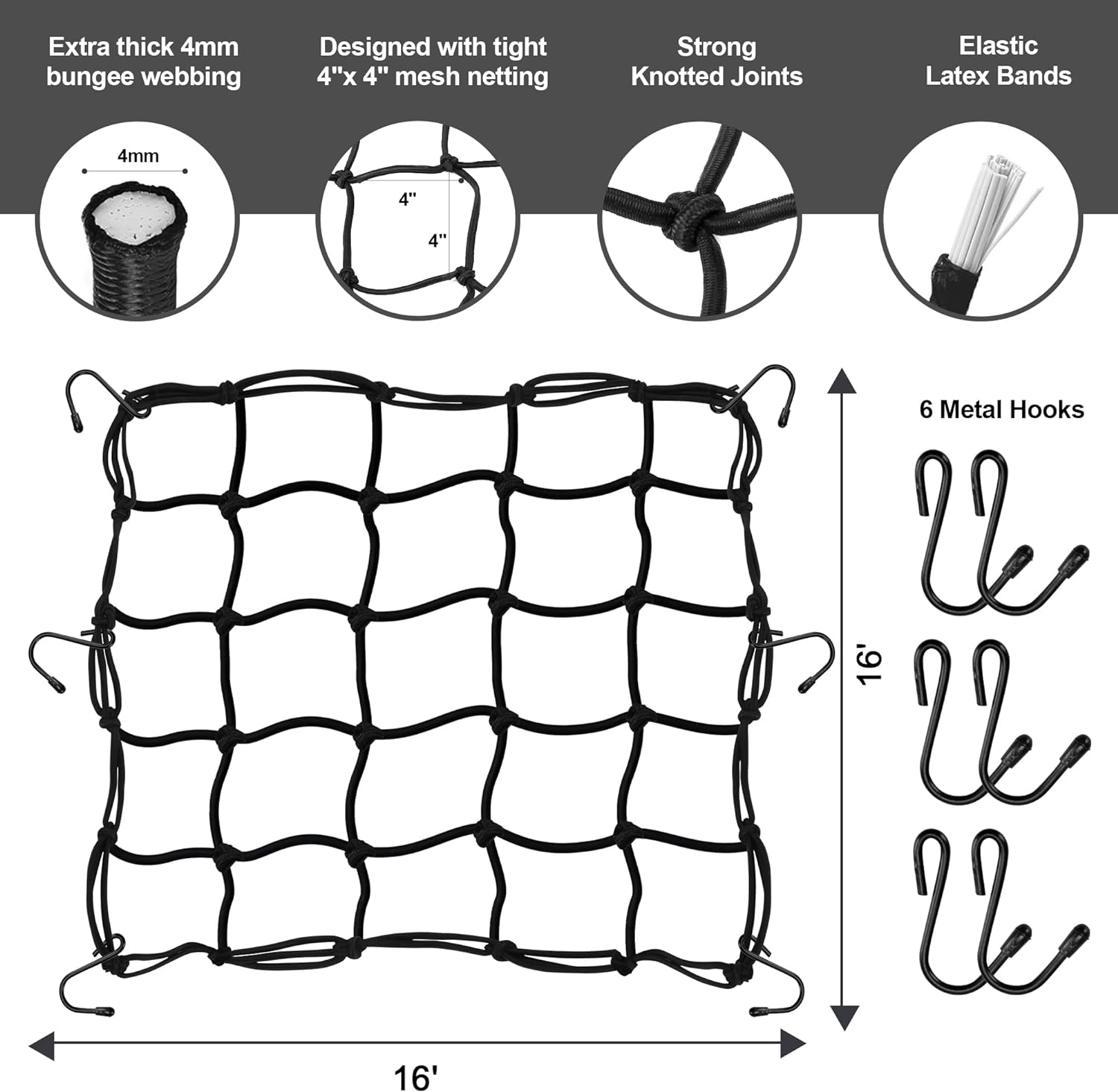 Cargo Nets for Motorcycle Helmet 16"X16" Elastic Bungee Net Storage Featuring 6 Hooks Tight 2"X2" Mesh Luggage Strap Rack Expansion Organizer Net Pocket for Motorbike E-Bike Trike image number 5