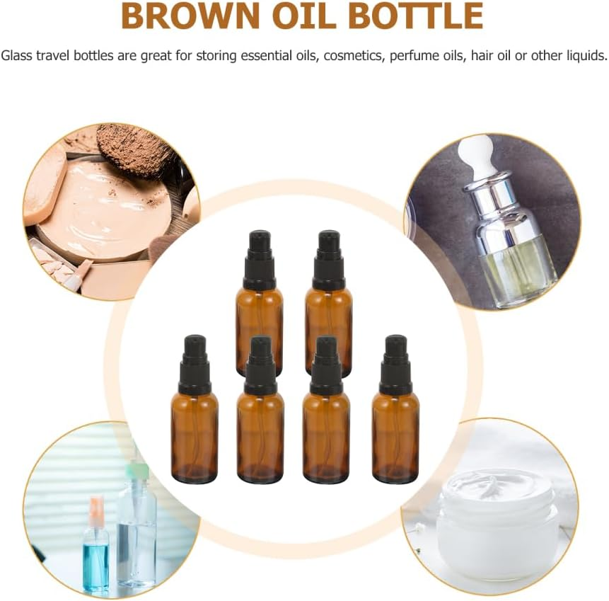Ipetboom 6Pcs Brown Glass Pump Bottles, Travel Refillable Lotion Dispenser Leakproof Cosmetic Containers for Essential Oils and Liquids for Daily Use and Travel image number 6