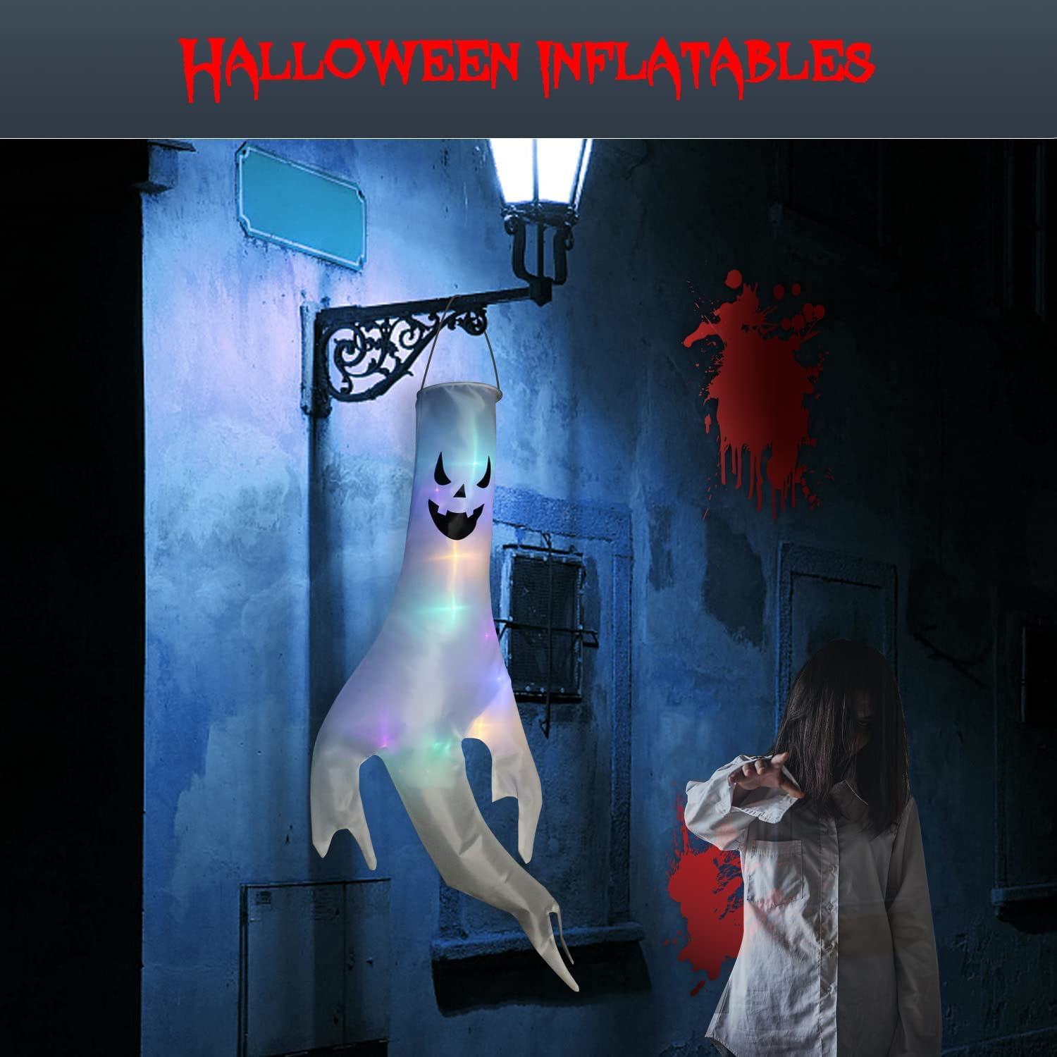 Halloween Decorations,2 Pack 57''Halloween Inflatables Glowing Hanging Flags Decor,Halloween Outdoor Decorations Ghost Windsocks with LED Light,Halloween Yard Decorations for Party Indoor Outdoor