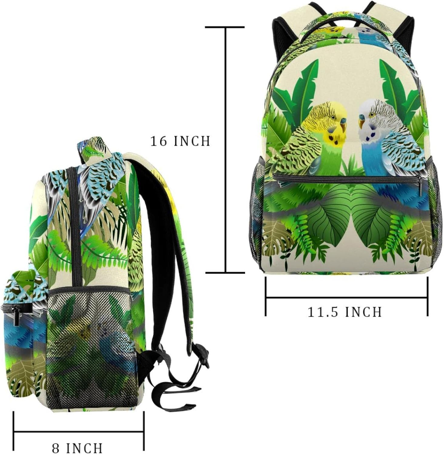 Green and Blue Budgie in Leaves Backpack Students Shoulder Bags Travel Bag College School Tote Backpacks image number 1