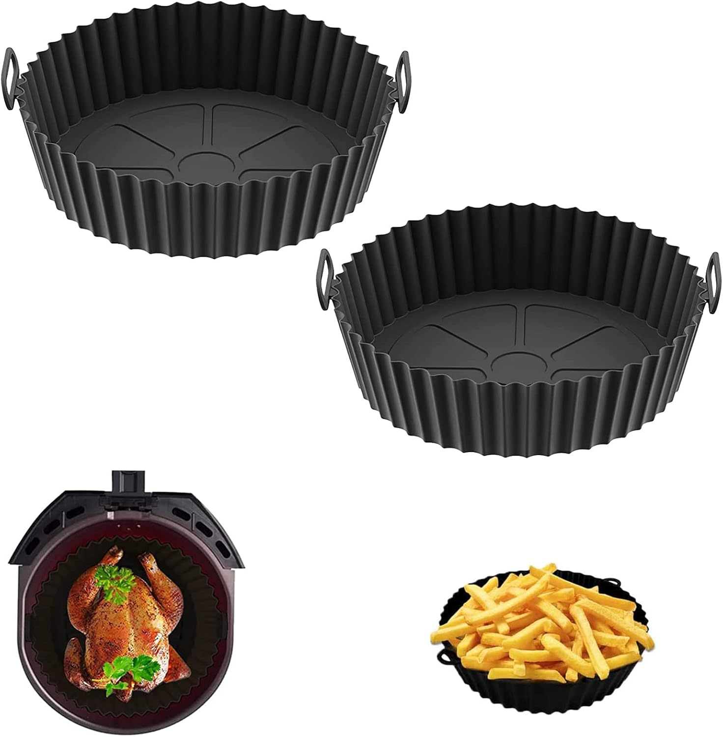 2Pcs Air Fryer Silicone Pot, Reusable Air Fryer Liners, Air Fryer Basket, Kitchen Accessories Replacement for Disposable Parchment Paper Liner, Compatible with Ninja, Tower, COSORI (Grey)
