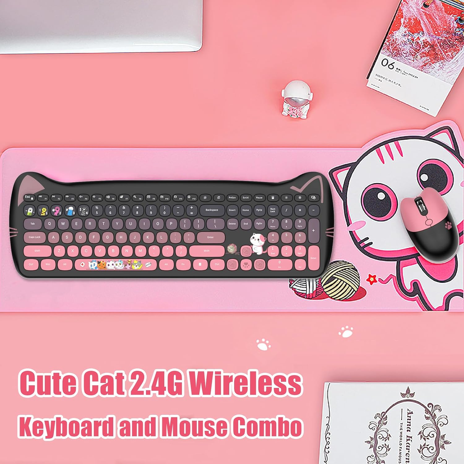 Cute Cat Keyboard and Mouse Combo Wireless, Kawaii Keyboard and Mouse for Girls and Kids, Soundless Colorful Keys, Compatible with Notebook, PC (Blackpink-110Keys) - Green-110Keys image number 6