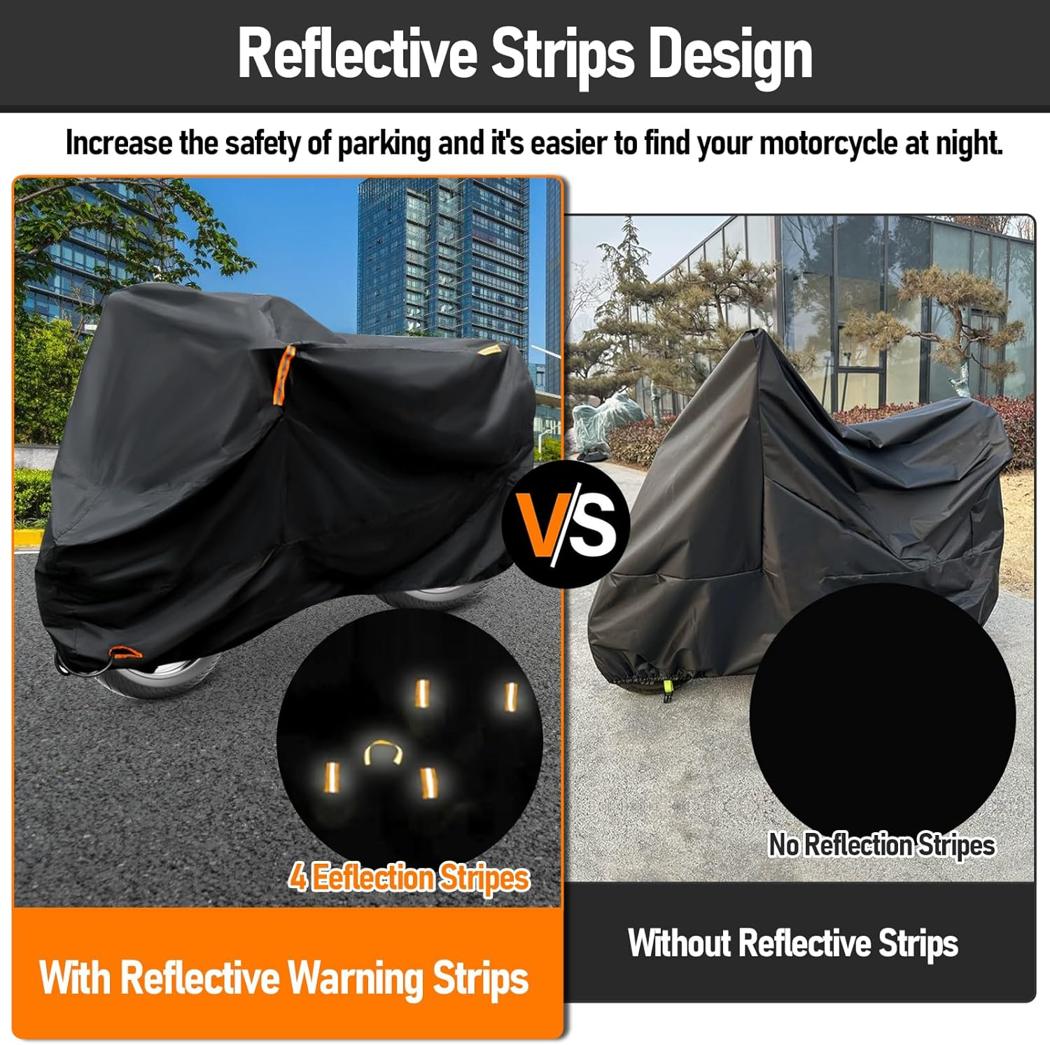 Motorcycle Cover Waterproof, 420D All Season Outdoor Protection, Heavy Duty Motorcycle Cover with Reflective Tape and Lock Holes Vehicle Cover (Black, XL)