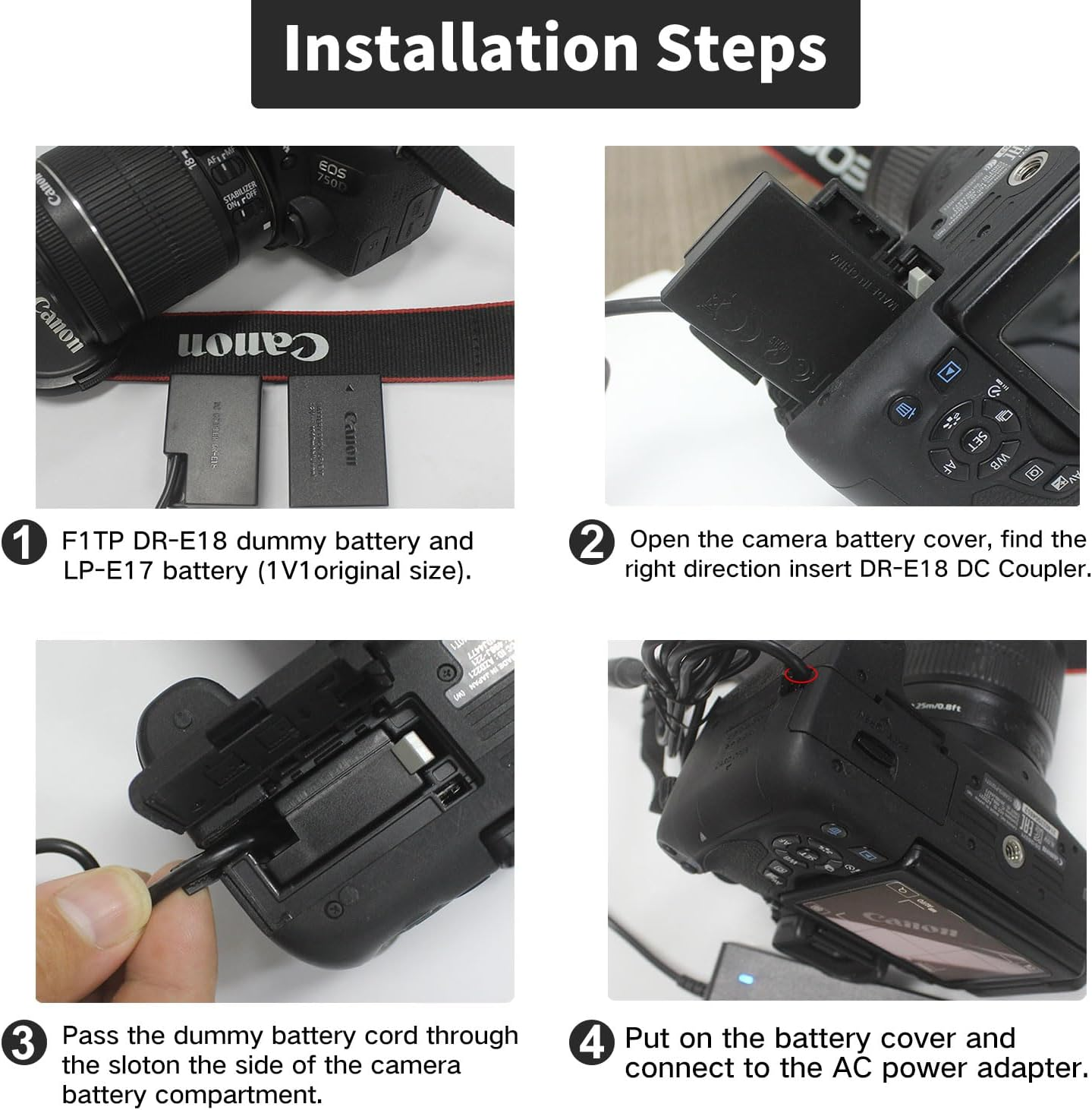 F1TP ACK-E18 AC Power Supply Adapter DR-E18 DC Coupler Kit for Canon EOS Rebel RP R10 R50 R100 T6I T6S T7I T8I SL2 SL3 77D 200D 250D 750D 760D 800D 850D Cameras. image number 1
