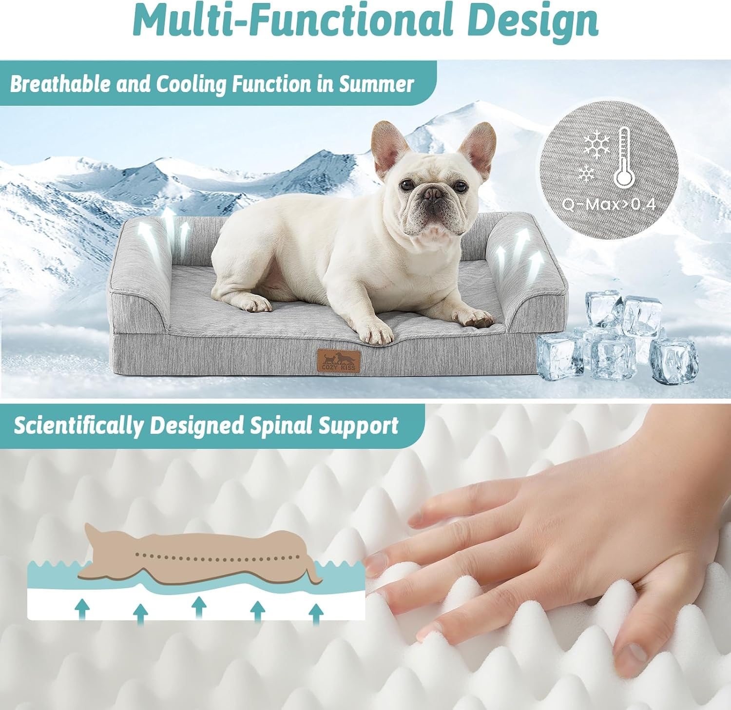 Cozy KISS Cooling Dog Bed, Orthopedic Foam Dog Bed with Sides, Removable Washable Cover & Waterproof Lining and Nonskid Bottom, Comfortable Pet Beds for Large Dogs, Grey (106Cm &times; 76Cm &times; 17Cm) image number 1