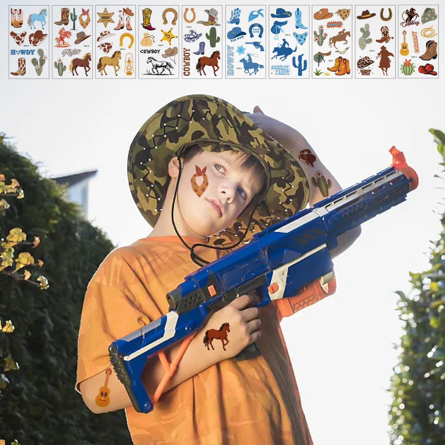 20 Cowboy Boy Tattoo Stickers, Cartoon Stickers in Western Style, Handmade Event Gifts, Suitable for Face and Hand Decoration