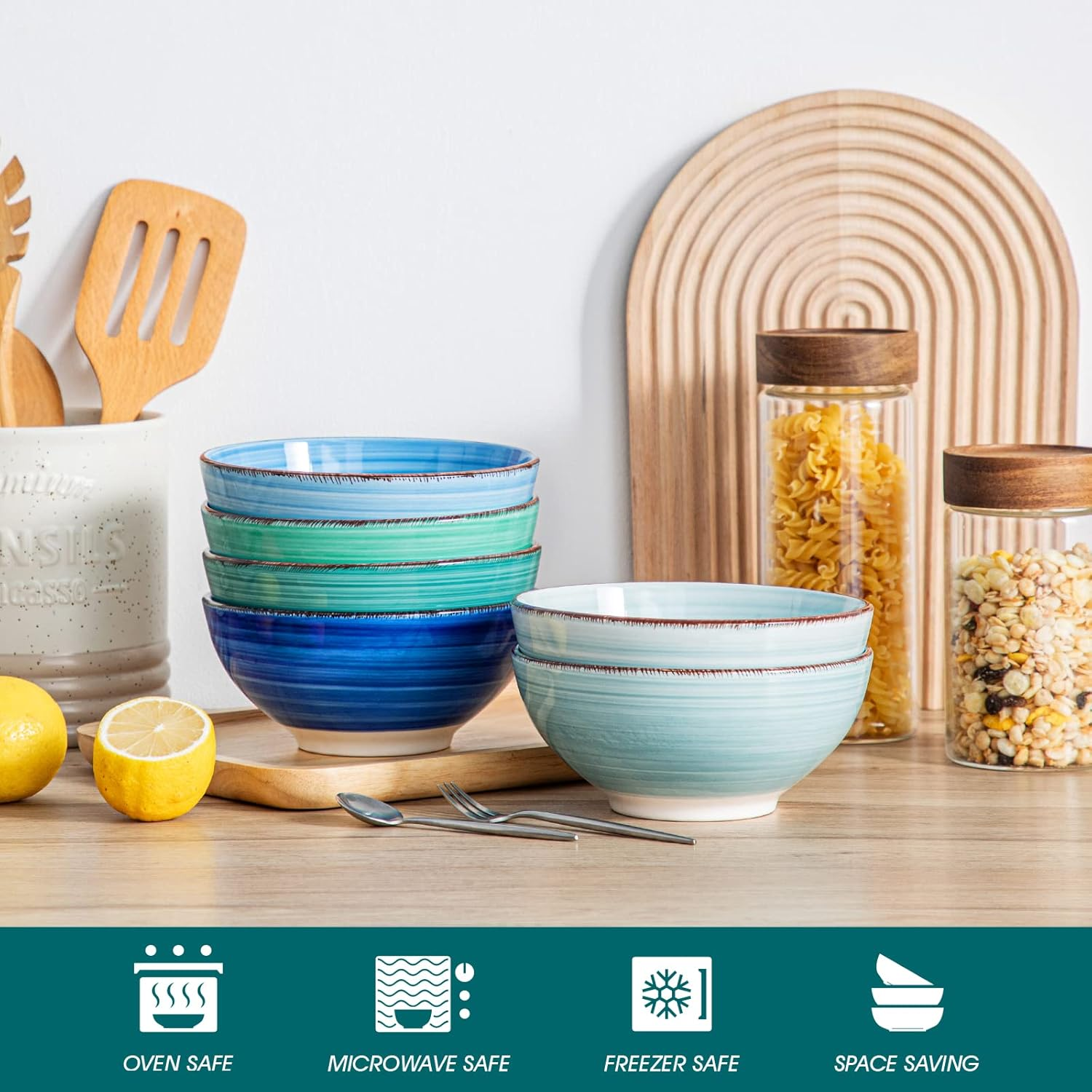 Vancasso Bonita Cereal Bowls Set of 6, 27 Oz Ceramic Soup Bowls, Serving Bowls for Salad, Noodle, Porridge, Rice, Dishwasher & Microwave Safe, Cool Color - Warm Color image number 2