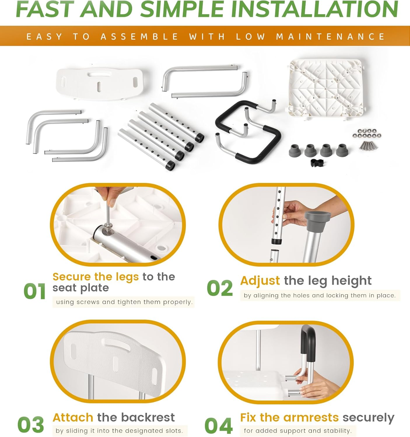 STABASE Heavy-Duty Shower Chair with Arms and Backrest &ndash; 180Kg Capacity, Adjustable Height Bath Seat for Elderly, Seniors, Disabled & Injured Adults image number 1