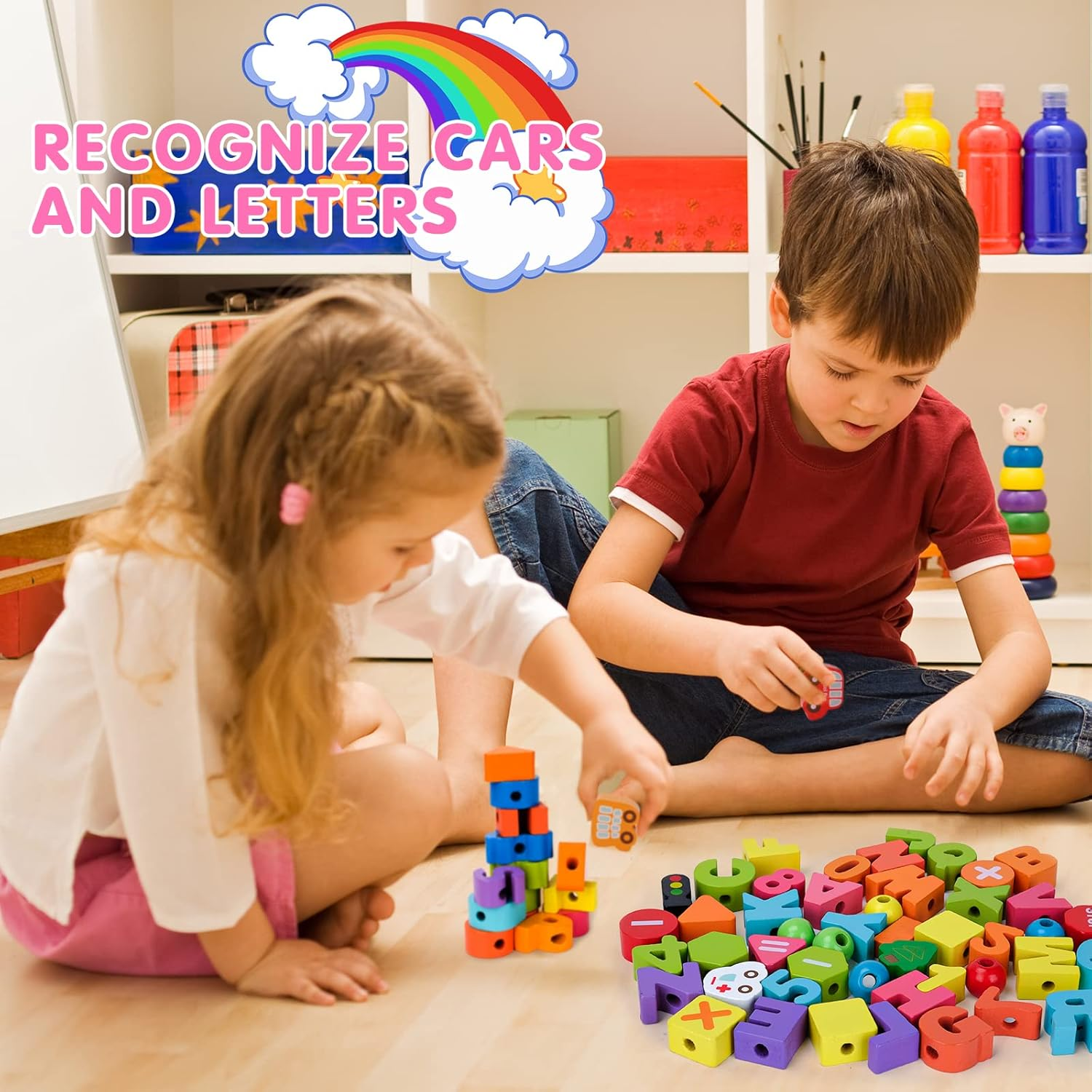 Montessori Sensory Toys for Kids Age 2-3-4, Wooden Toddlers Educational Toys Gifts for 1-3 Year Old Girl Boy Fine Motor Skills Preschool Activities Present Travel Toys Threading & Stacking Letter Car image number 3