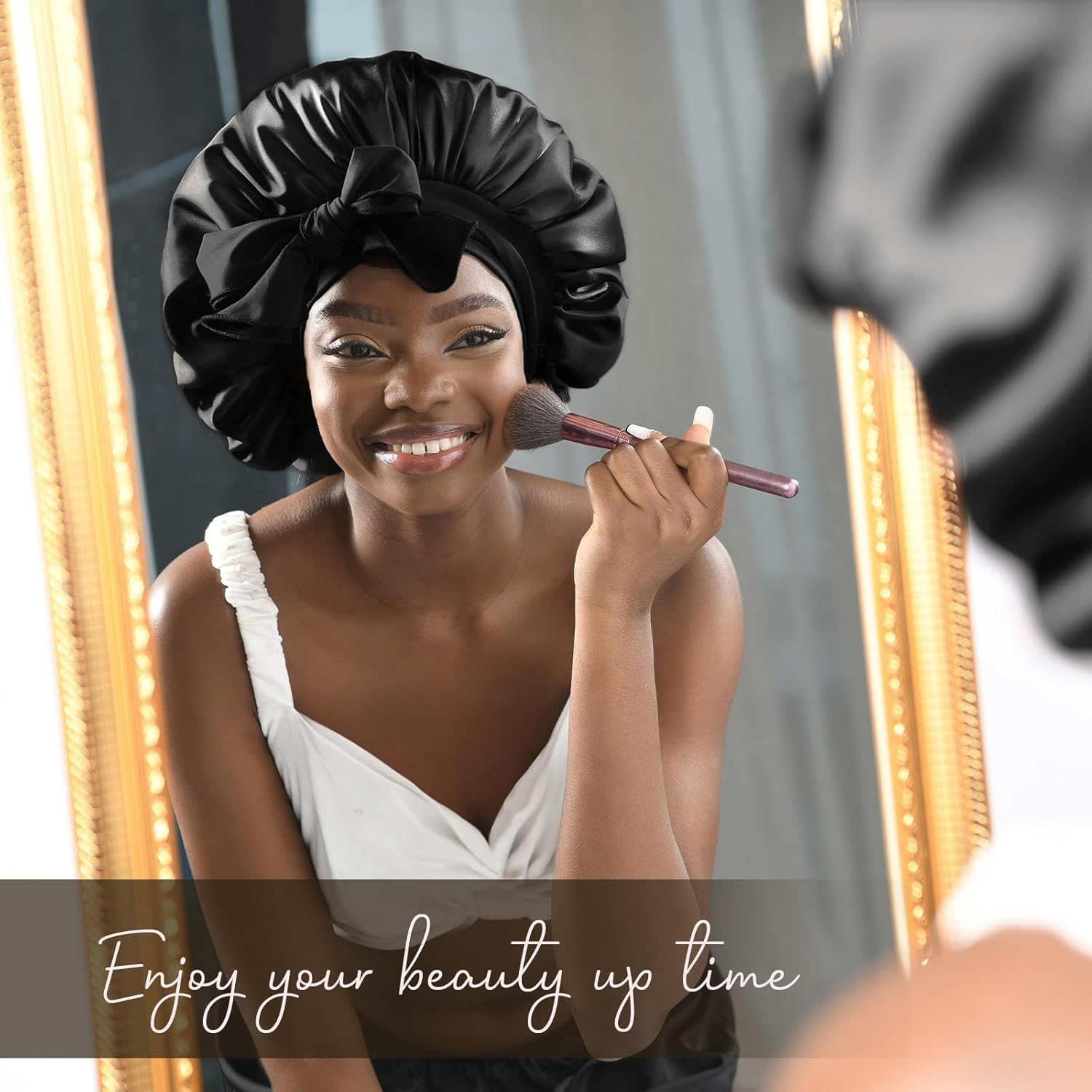 YANIBEST Satin Bonnet Silk Bonnet for Sleeping Double Layer Satin Lined Hair Bonnet with Tie Band Bonnets for Women image number 5