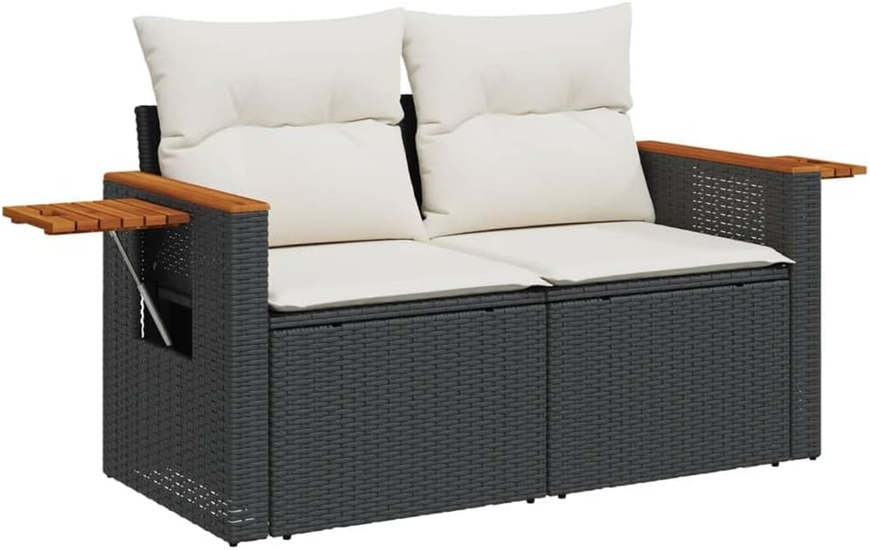 Vidaxl Garden Sofa/Couch W Cushions - 2-Seater Black PE Rattan, Steel & Acacia Wood - Outdoor Patio/Deck Furniture - 124X62X69 Cm with Storage & Side Table image number 6