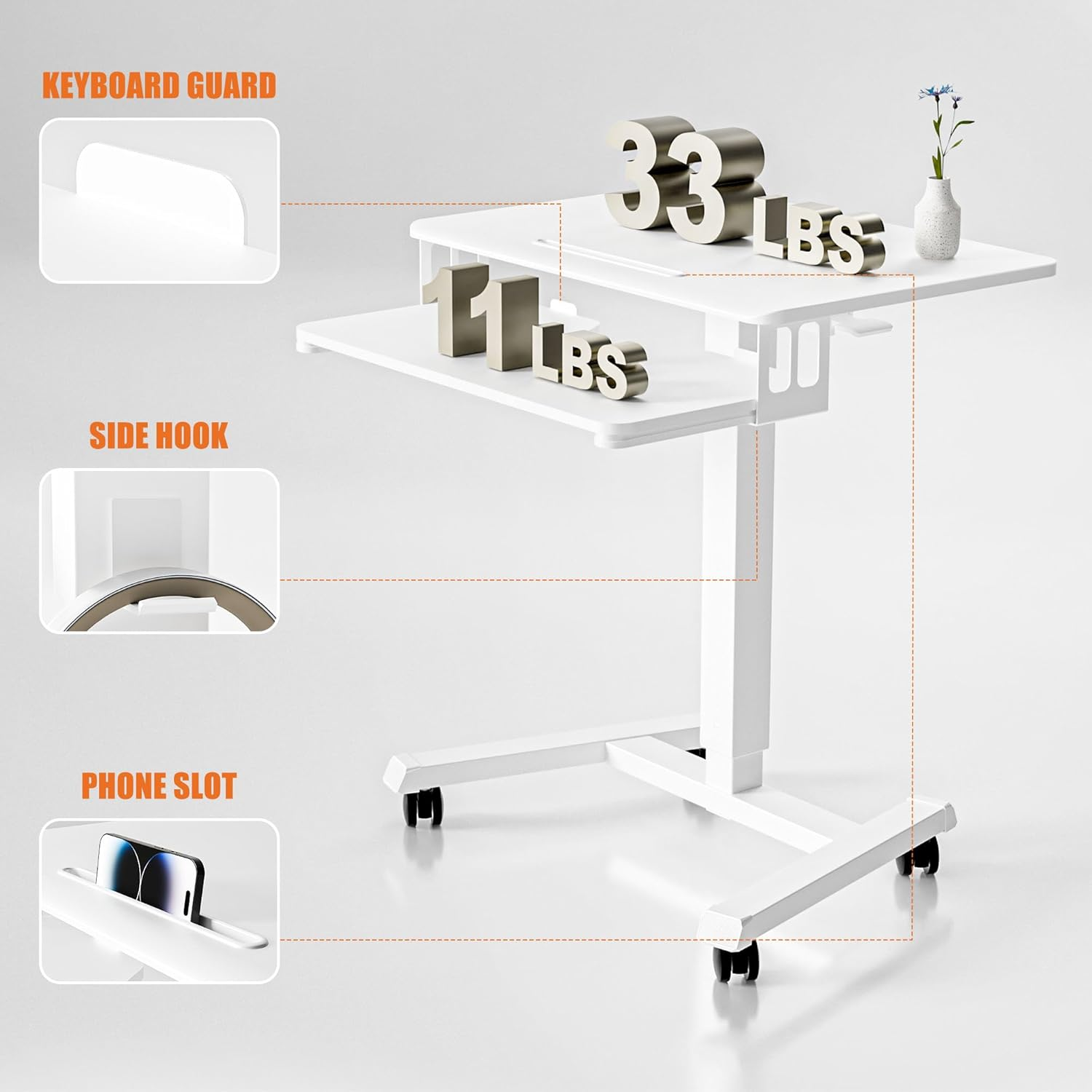 ERGOMAKER Mobile Standing Desk Pneumatic Adjustable Height 25.6 X 17.7 Inch Mobile Desk Adjustable Height on Wheels，Sit Stand up Desk Home Office Computer Desk, White + Dual
