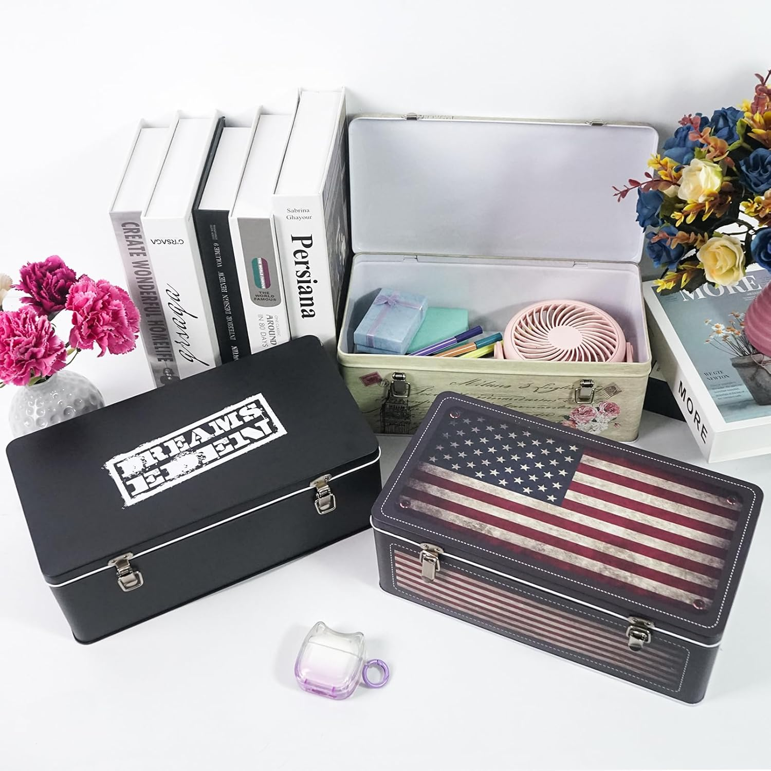 Dreamseden Tin Storage Box Set of 3 - Small Keepsake Box with Lid, 11.5L X 6W X 4.375H In, Vintage Decorative Memory Case Gift Boxes for Keepsakes Letter Photos Seed Tea Coffee image number 2