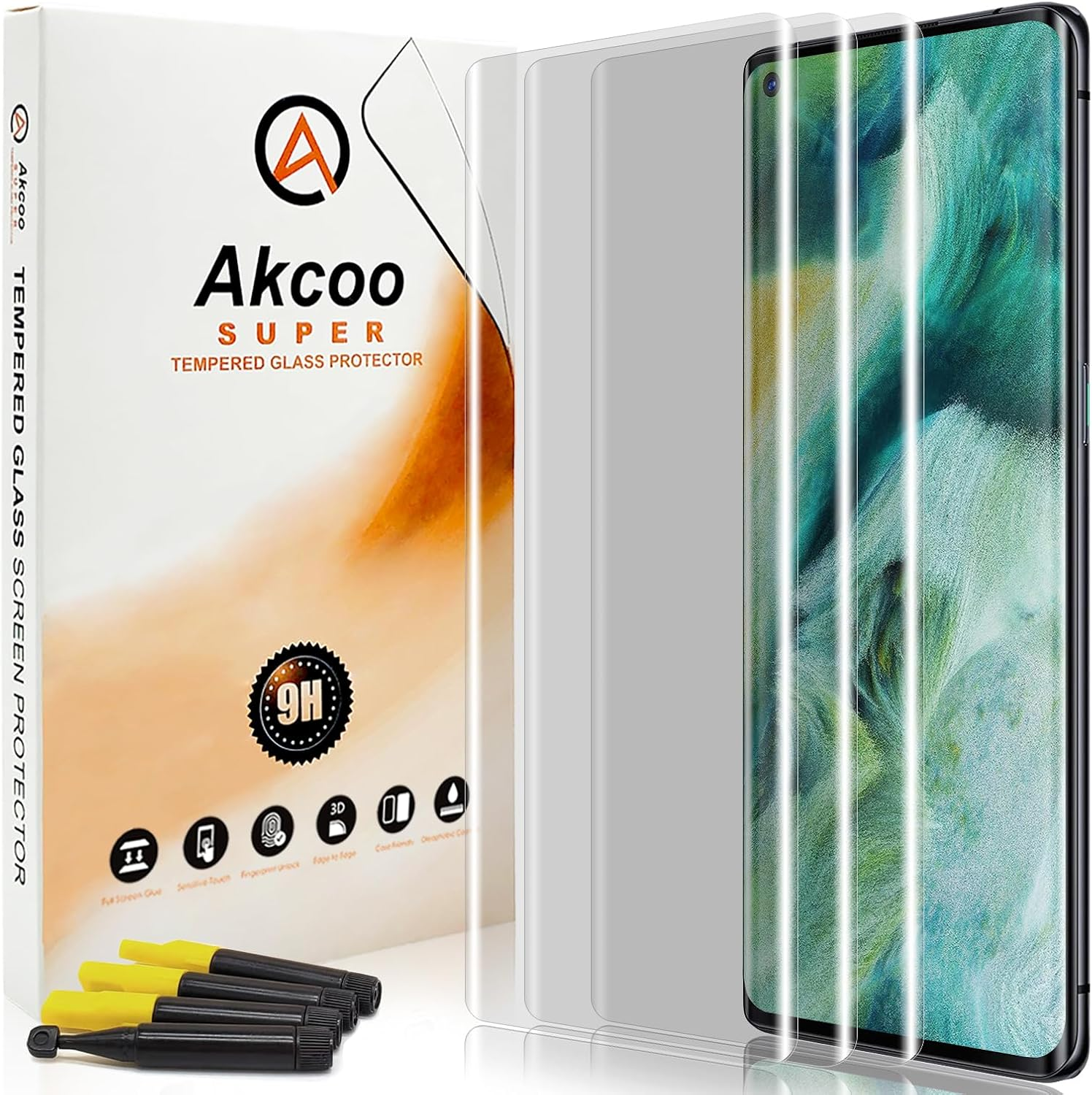 Akcoo Screen Protector for OPPO Reno10 5G,UV Tempered Glass - 3 Pack, Liquid Despersion Tech,Edge to Edge Coverage,Sensitive Touch