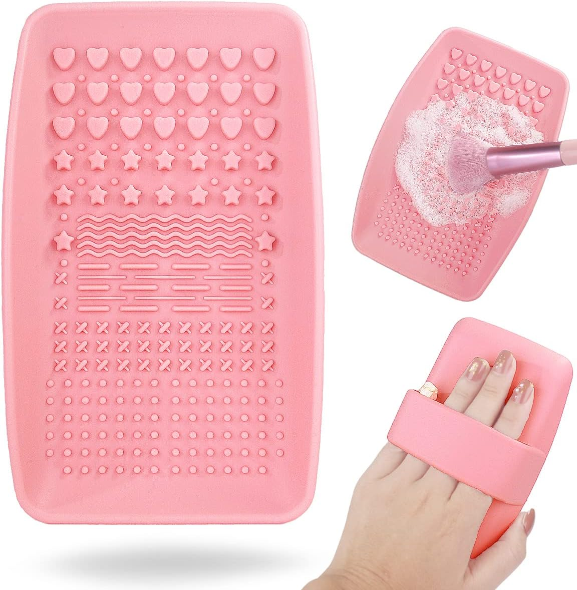 Makeup Brush Cleaning Mat, Silicone Make up Brush Cleaner Pad, Paint Brush Cleaner Tool with Back Strap, Portable Beauty Makeup Washing Tool Makeup Brushes for All Brushes (Pink+Green)