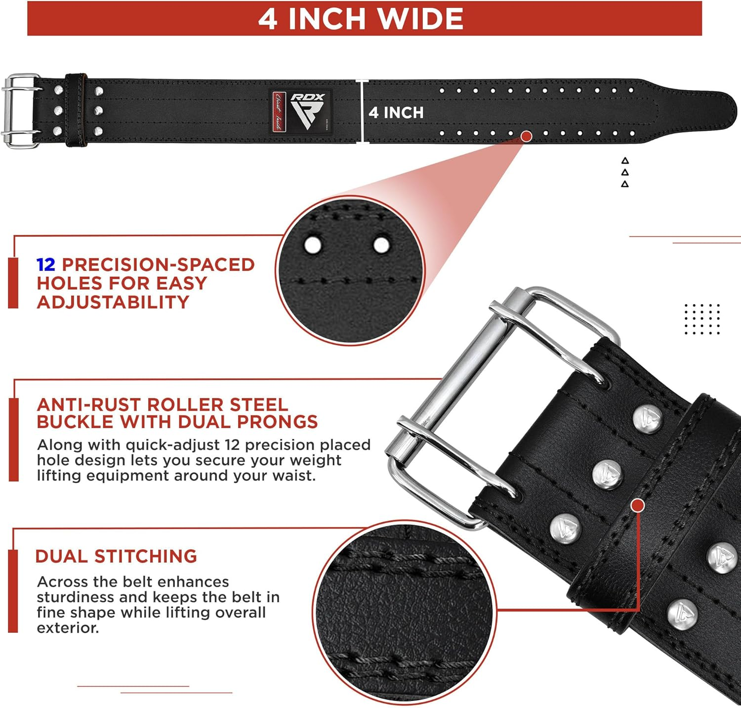 RDX Weight Lifting Belt for Men Women, IPL USPA Approved, 6Mm Thick 100% Leather, 4&rdquo; Powerlifting Back Support, Squat Deadlift Bodybuilding Exercise Fitness Gym Workout Strength Training up to 700 LBS image number 3