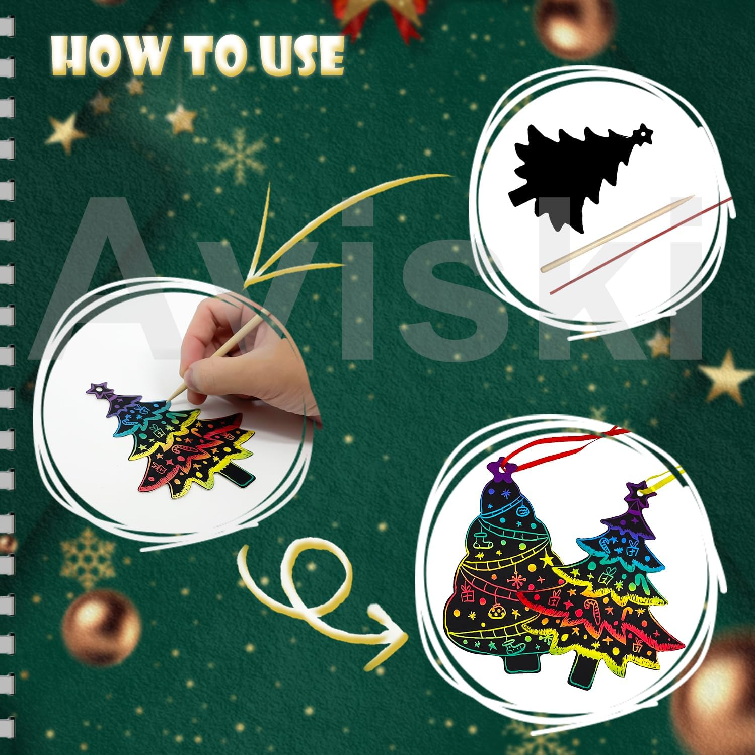 96Pcs Christmas Tree Scratch Art Kit - Rainbow Color Scratch Ornaments - Hanging Craft Art Kits with Wooden Stick and Ribbon - for Kids Christmas Winter Party Favors image number 2