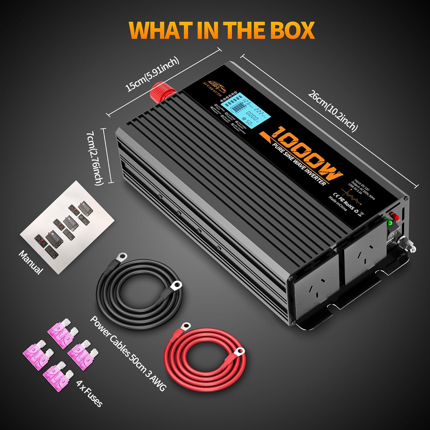1000W Pure Sine Wave Power Inverter 12V DC to 230V/240V AC Car Converter Power Inverter with LCD Display 2 AC Outlets And1 USB Port, for Caravan, Truck, Cabin, Camping, Boat image number 6