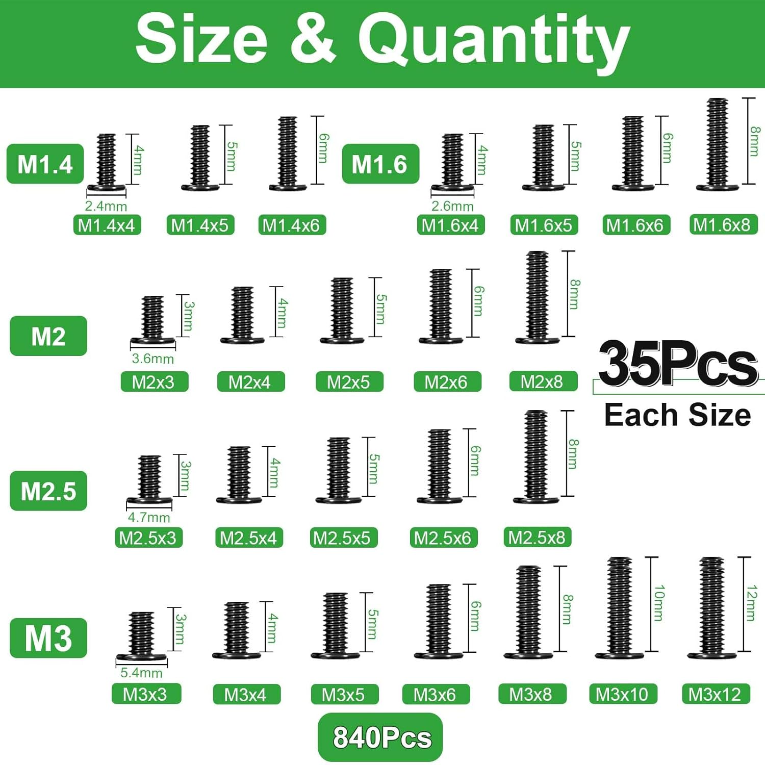 Zmbroll 840Pcs Flat round Head Machine Screw Black Phillips Hard Drive SSD Screw Small Computer Laptop Screws Micro Screw Assortment Kit for Eyeglasses, Watches, Electronic Repair image number 6