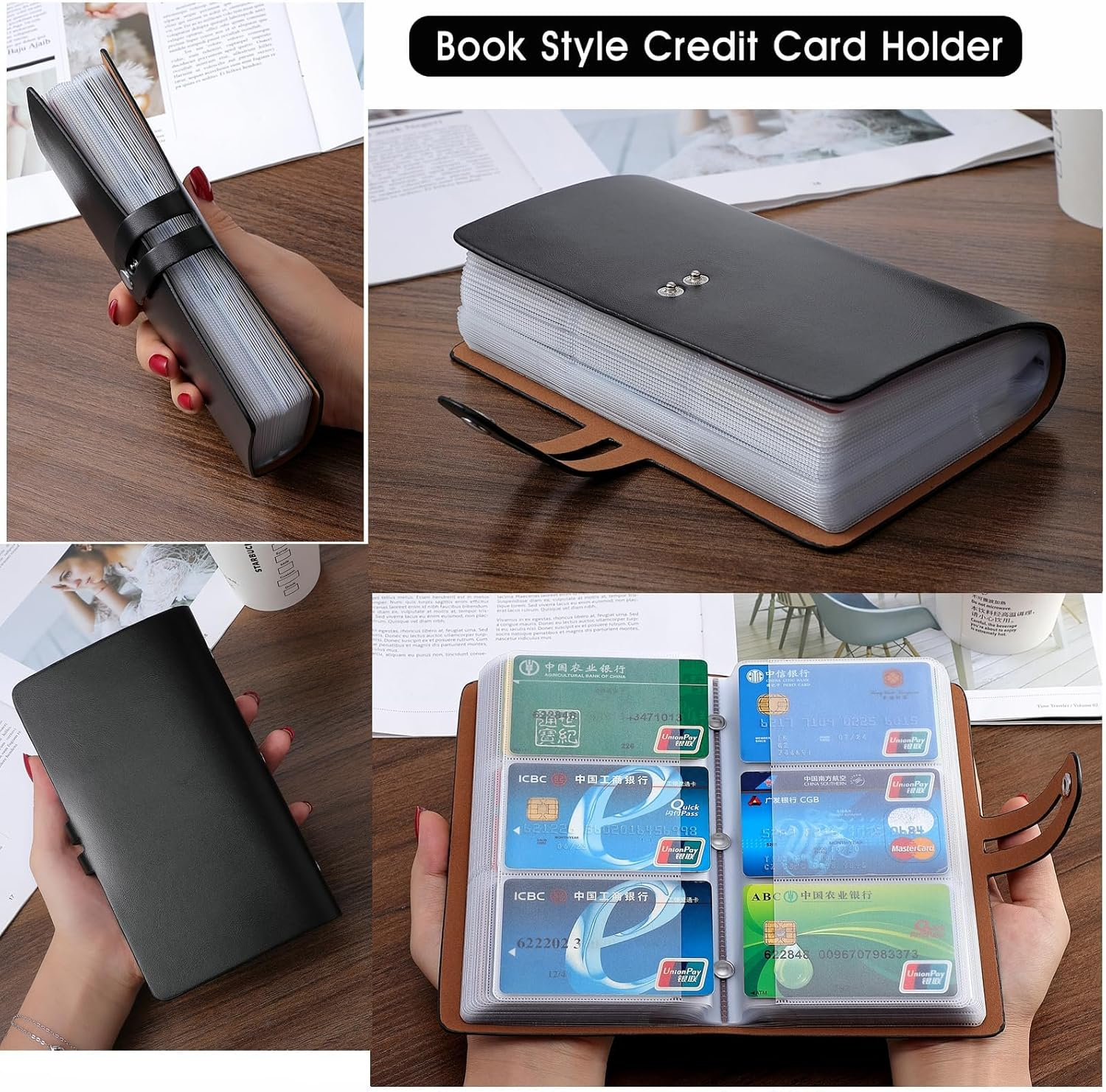 MJIYSGS Leather Business Card Holder, RFID Shielded Credit Card Holder, Professional Business Card Holder and Book, Credit Card Holder, Holds 96 Cards - 7.3In&times;4.3In (Black) image number 2
