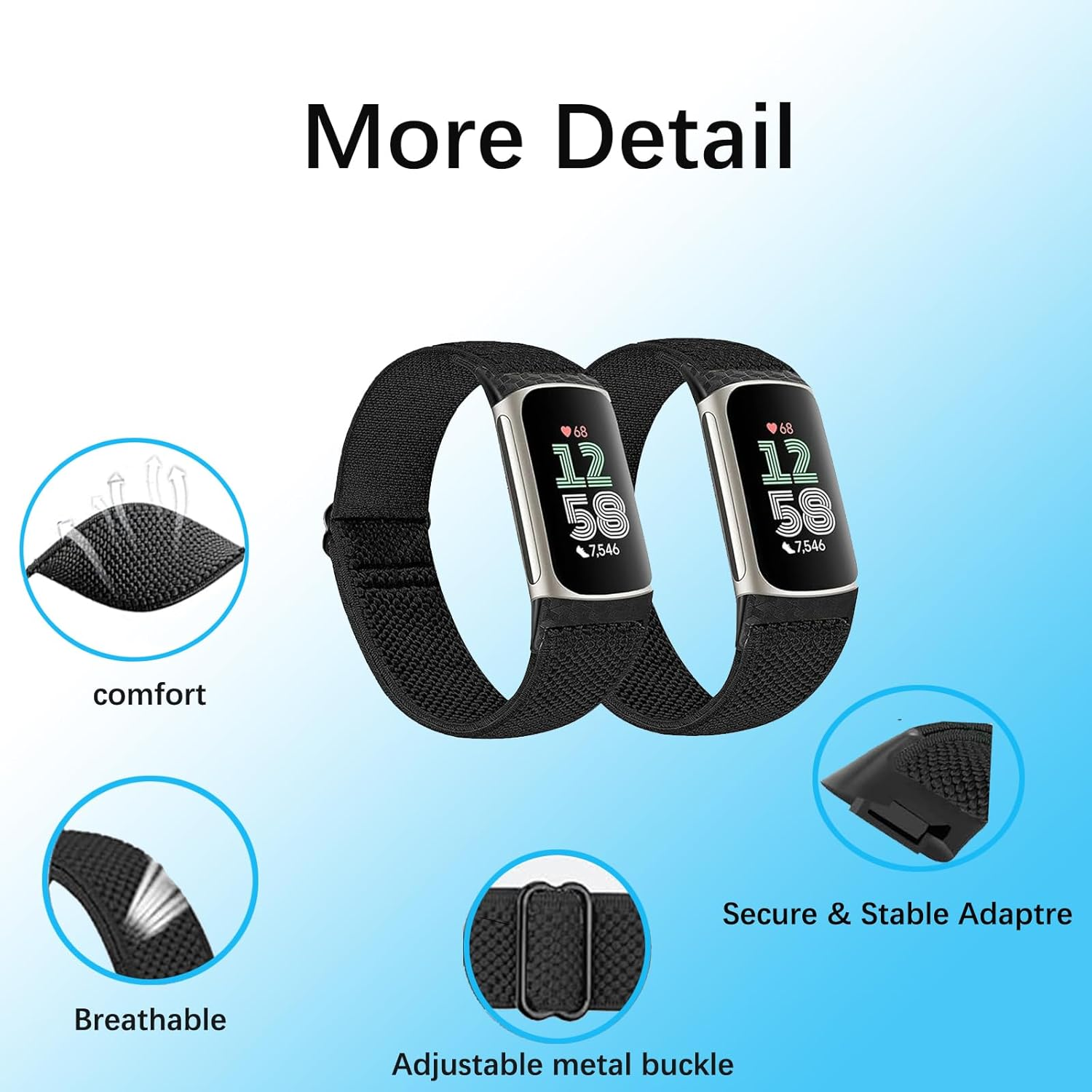 2 Pack Elastic Nylon Bands Compatible with Fitbit Charge 6 / Fitbit Charge 5, Classic Soft Breathable Adjustable Sport Smartwatch Replacement Wristband for Women Men - Black+Grey image number 6