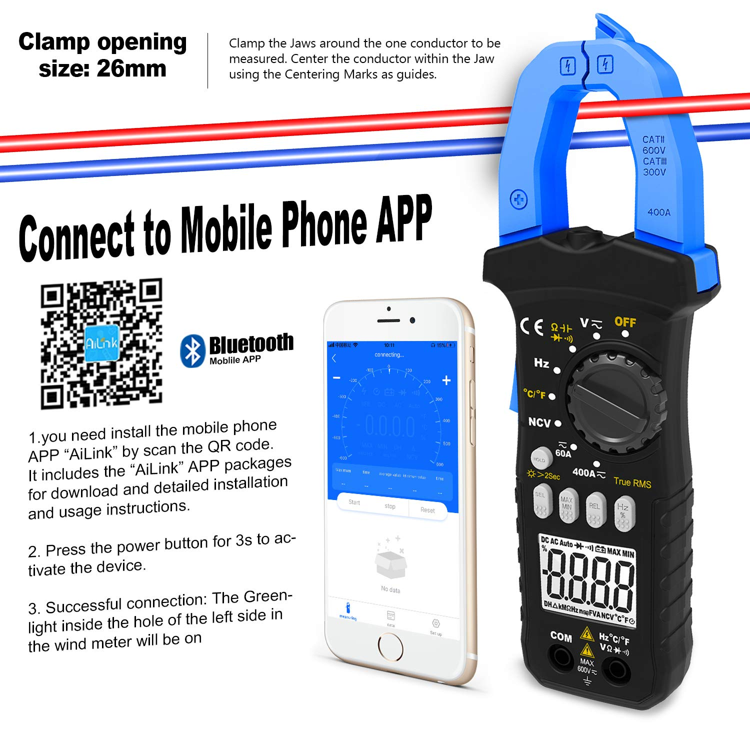 Digital Clamp Meter, HOLDPEAK 7200-APP AC/DC Amp Clamp Meter 6000 Counts Auto-Ranging Bluetooth Multimeter for Volt, Amps, Ohm, Temp, Frequency, TRMS Clamp Meter Multimeter for Home, Circuit Detection