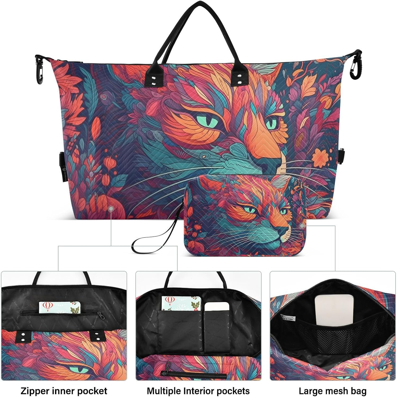 Duffel Bag Set with Toiletry Bag for Travel Gym Sport, Luggage Sleeve Weekender Bag Carry on Overnight Bag-Art Cat Portrait Print, Multicolor, 20.5 X 7.9 X 13.8 Inches+9.1 X 3.5 X 5.9 Inches image number 1