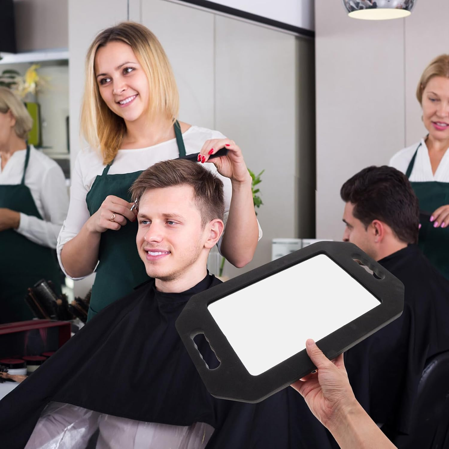 ROMISBABA High Definition Handheld Mirror with Foam Handle Unbreakable Rectangular and round Salon Back Mirror for Barbers and Hairstylists Reflection for Precise Haircuts Drop-Resistant image number 1