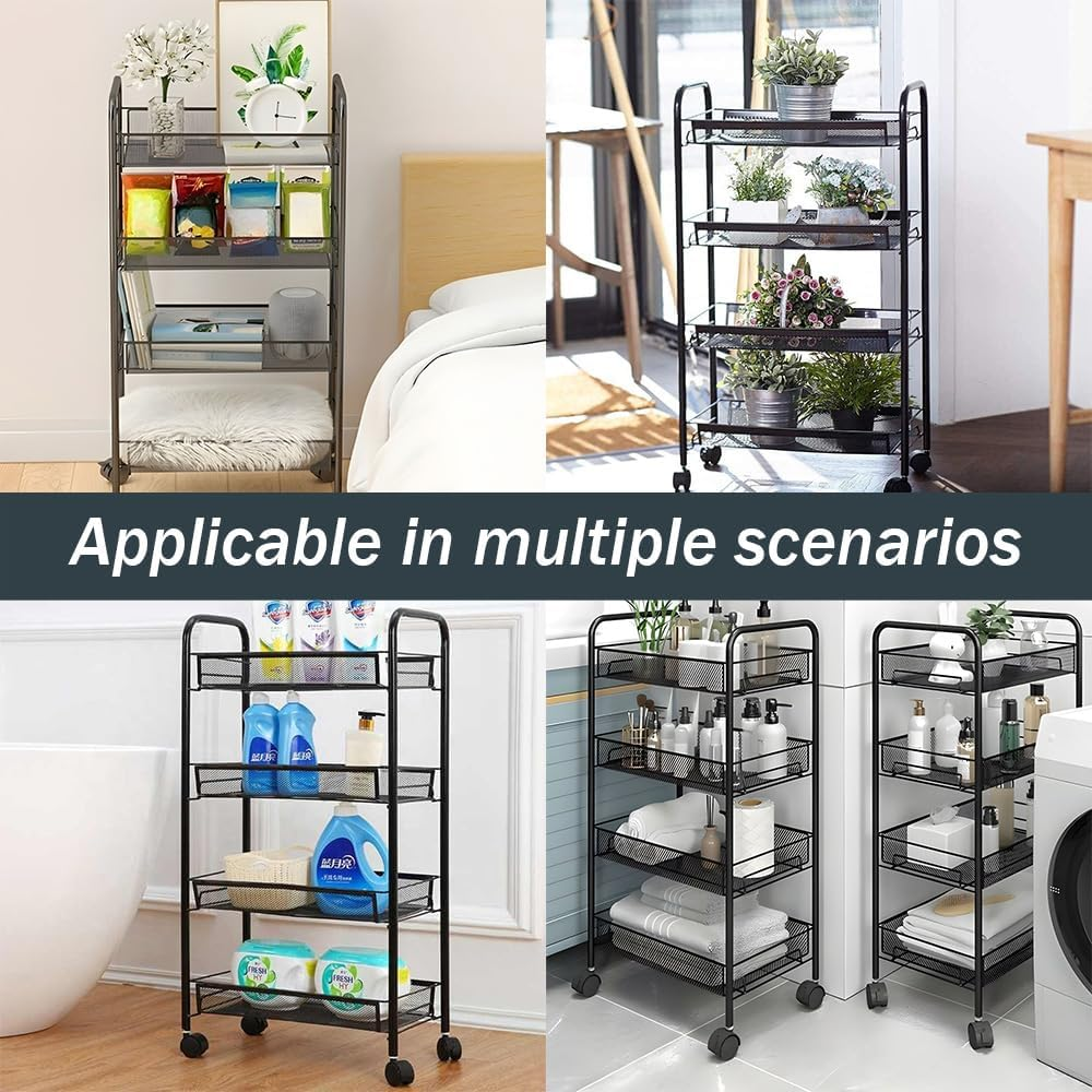 SHENMAIDAY 4-Tier Rolling Storage Rack Cart, Multi-Function Practical Storage Rack, Metal Mesh Rolling Cart, Kitchen Storage Cart with Wheels and 4 Side Hooks,Movable Trolley (Black)