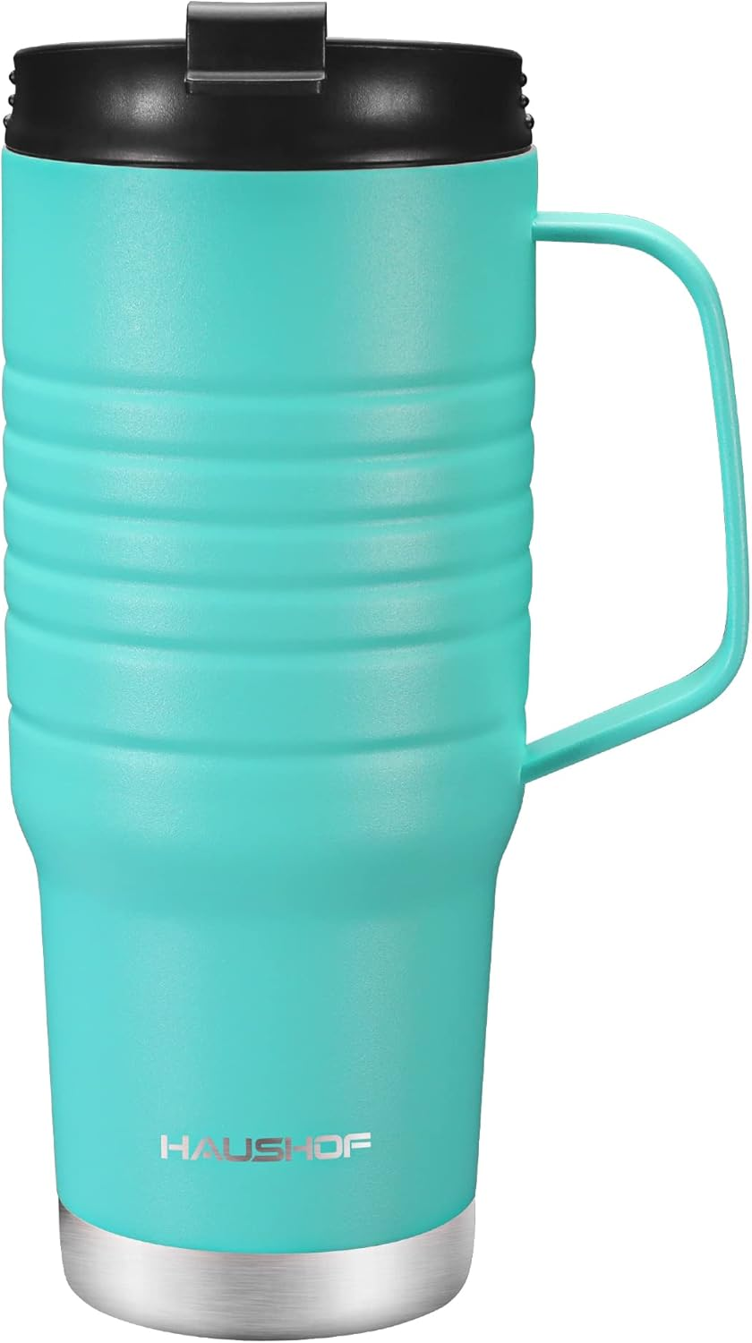 HAUSHOF 710Ml Insulated Coffee Cup with Handle, Stainless Steel Vacuum Insulated Tumbler, Double Wall Travel Mugs with Leakproof Lid, 24 Oz, BPA Free