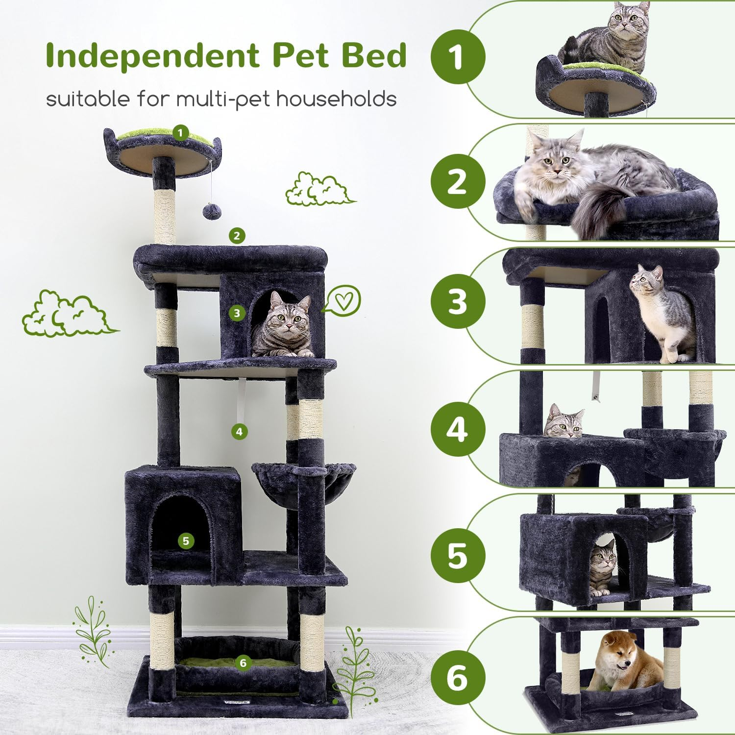 Globlazer Heavy Duty Cat Trees for Large Cats, Sturdy 72In Maine Coon Cat Tree for Large Cats 20 Lbs+ Heavy Duty Cat Tower for Adult Biggest Cat with 6 Scratching Posts, Hammock, S72, Dark Gray image number 5