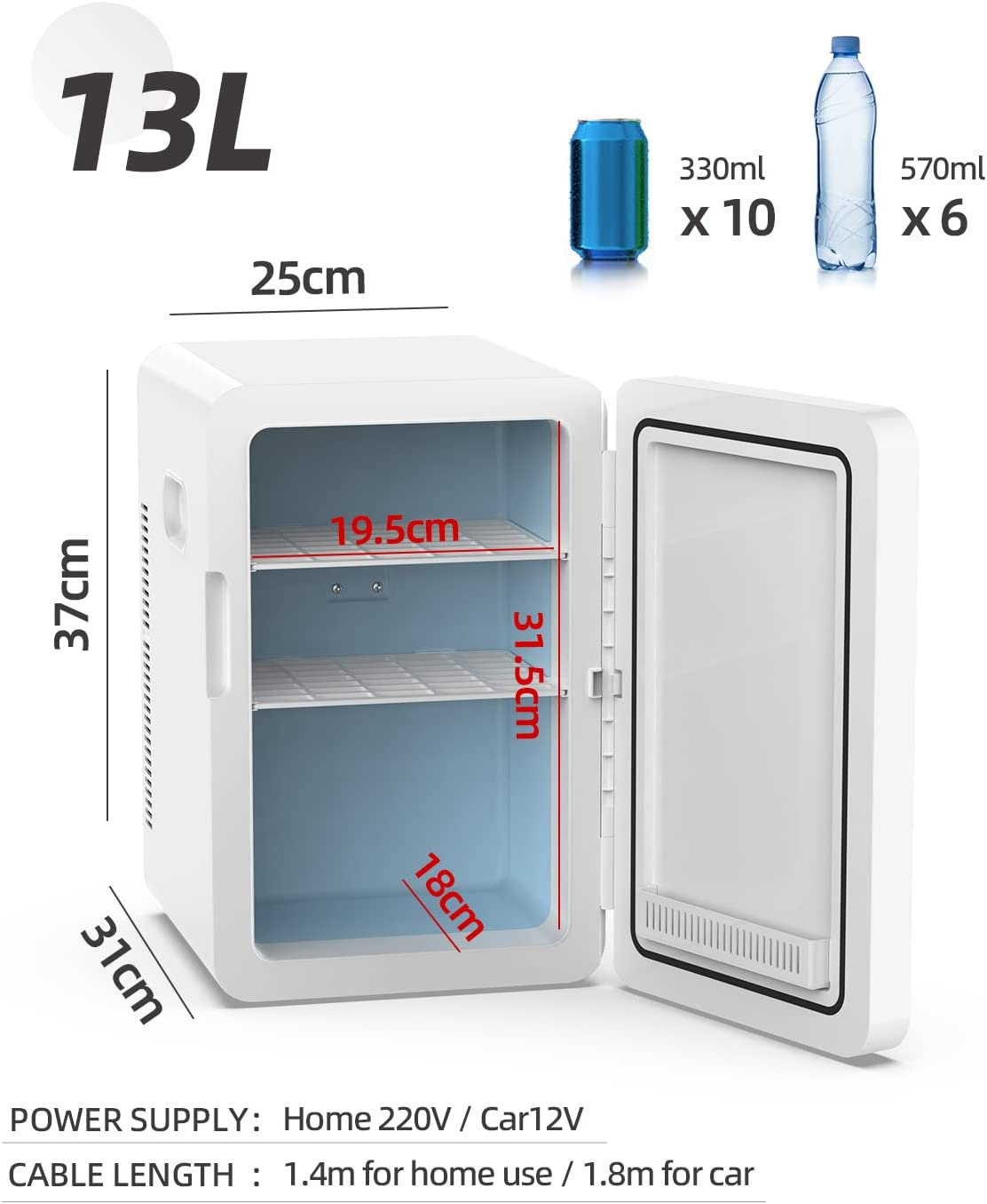 Mini Portable Compact Personal Fridge Cooler, 13 Liter Capacity, Includes Plugs for Home Outlet & 12V Car Charger, White image number 2