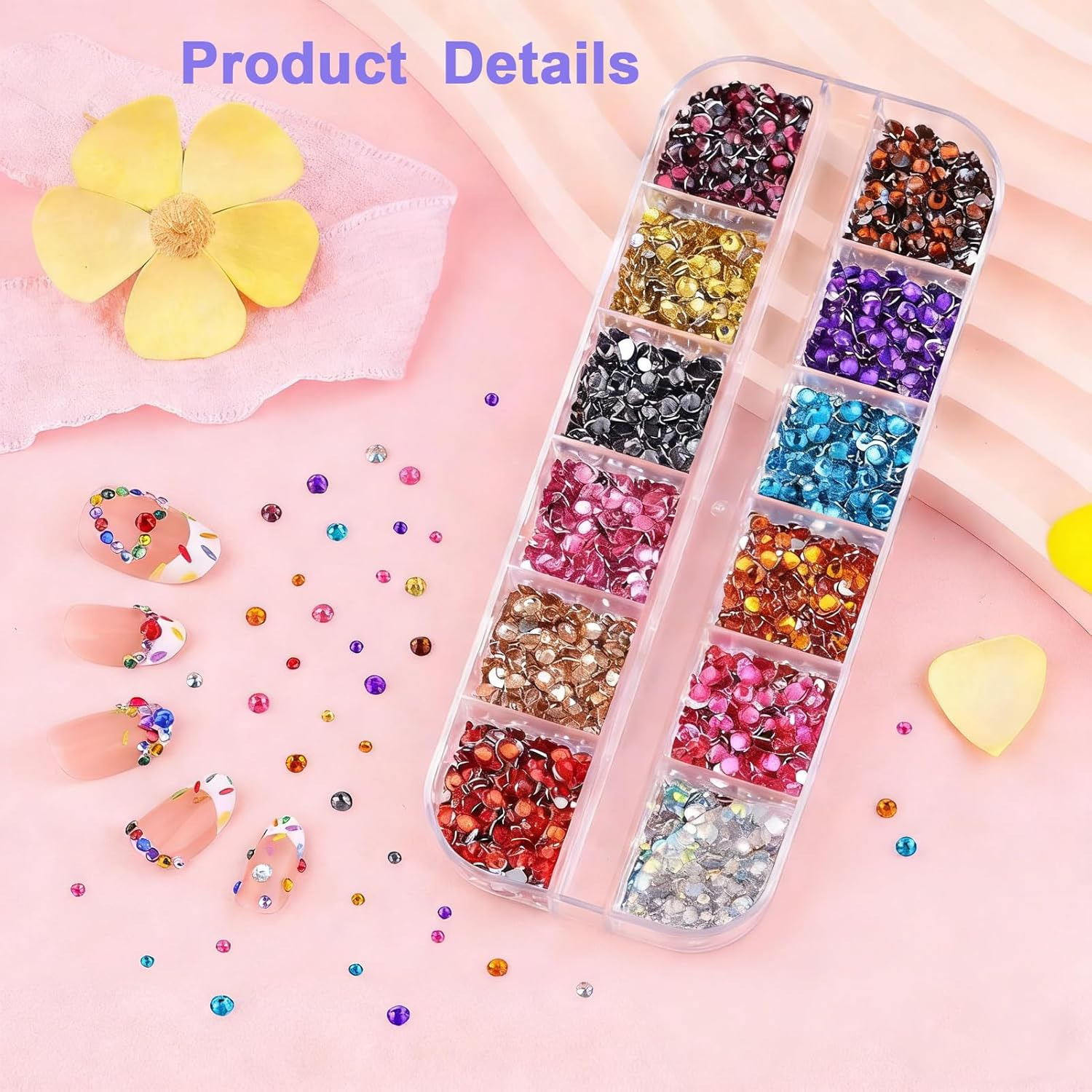 Rhinestones,10000Pcs Nail Gems for Nail Art,2 Boxes Nail Charms with Picking Pen & Tweezers,12 Grid Flat Back Crystals for Nail Art, Face Gems,Phone Case,Diy Clothes,Shoes,Bags image number 1
