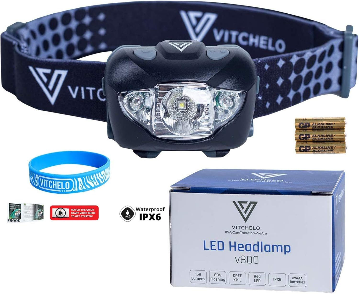 VITCHELO V800 CREE Led Headlamp Flashlight with White & Red Lights. Waterproof IPX6 and 168 Lumens Bright Adjustable Headlight for Running Hiking Camping Walking - 3 AAA Duracell Batteries Included image number 1