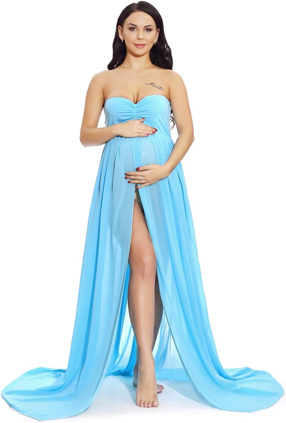 ZIUMUDY Maternity Chiffon Strapless Maxi Photography Dress Split Front Gown for Photoshoot image number 4