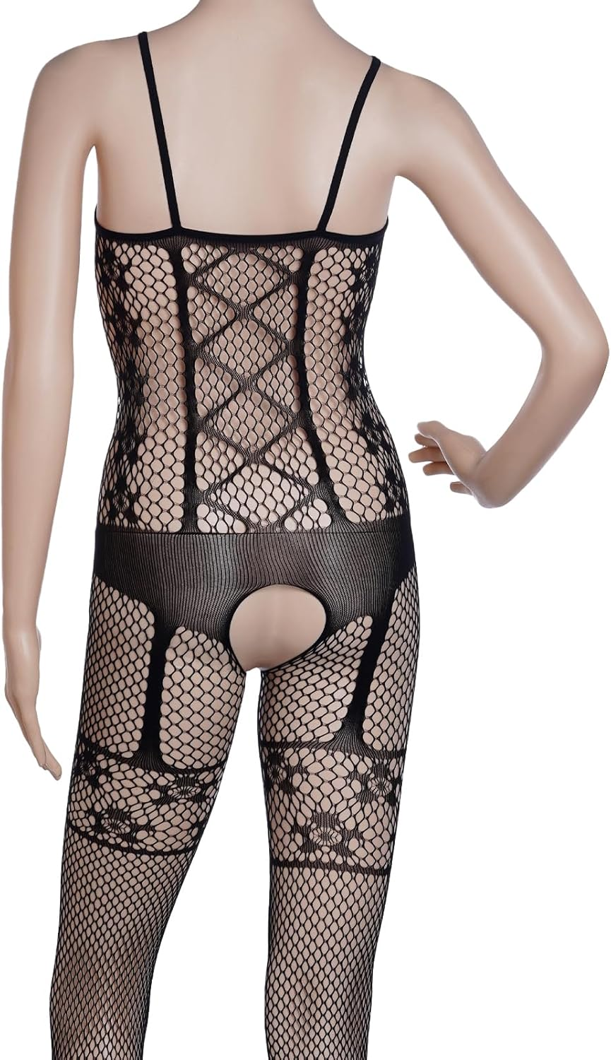 Fengek 3 Packs Women Fishnet Bodysuits, Stockings Lace Sleepwear Lingerie for Couple Dating Nightwear, Black, Black image number 4