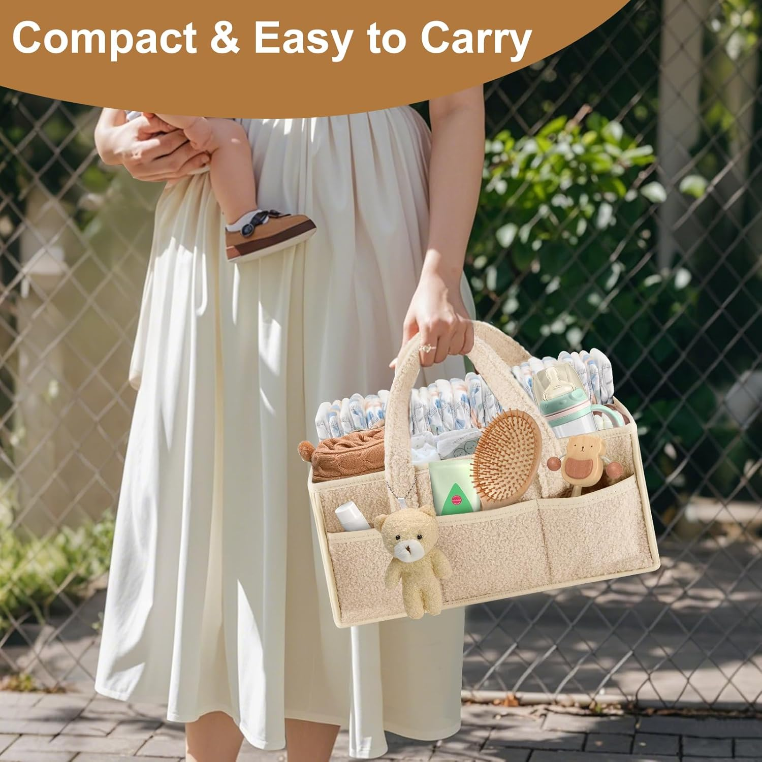 Baby Nappy Caddy Organiser, Large Diaper Caddy Organizer for Wipes and Diapers, Portable Organizer for Changing Table, Car, Travel Pink - Green image number 4