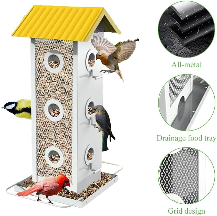Bird Feeder,Bird Feeders,Garden Bird Feeder,Metal Birds Feed Tool,For Outdoors Double Side,Pet Supplies,Bird Supplies,For Attracting Wild Birds,With Weatherproof Roof and Seed Tray,Yellow image number 2