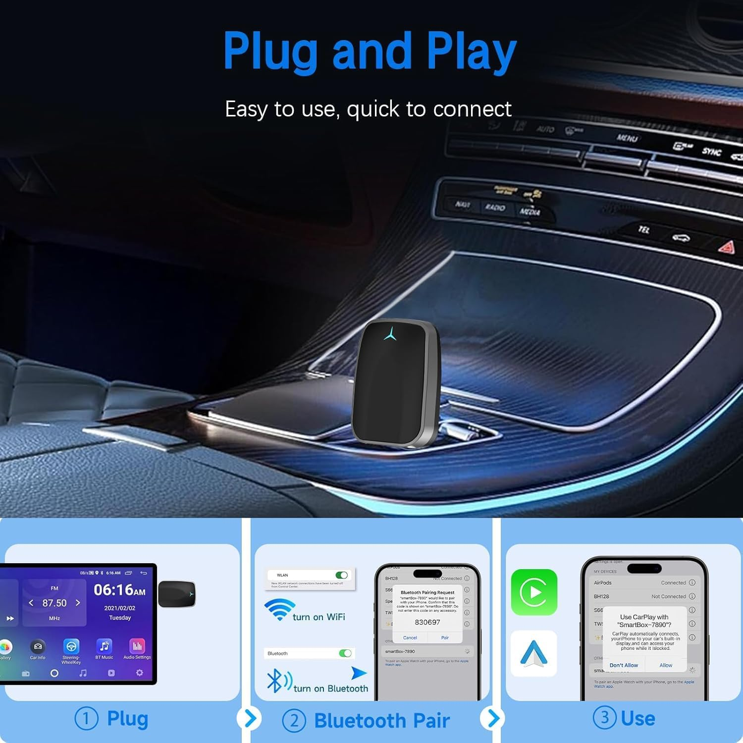Mini Wireless Carplay Adapter, Convert Wired to Wireless Car Play & Android Auto 2-In-1 Adapter for Apple Iphone & Android Phone, Plug & Play, Auto Connect, No Delay, W/Usb C for Ios 10+ Android 11+ image number 4